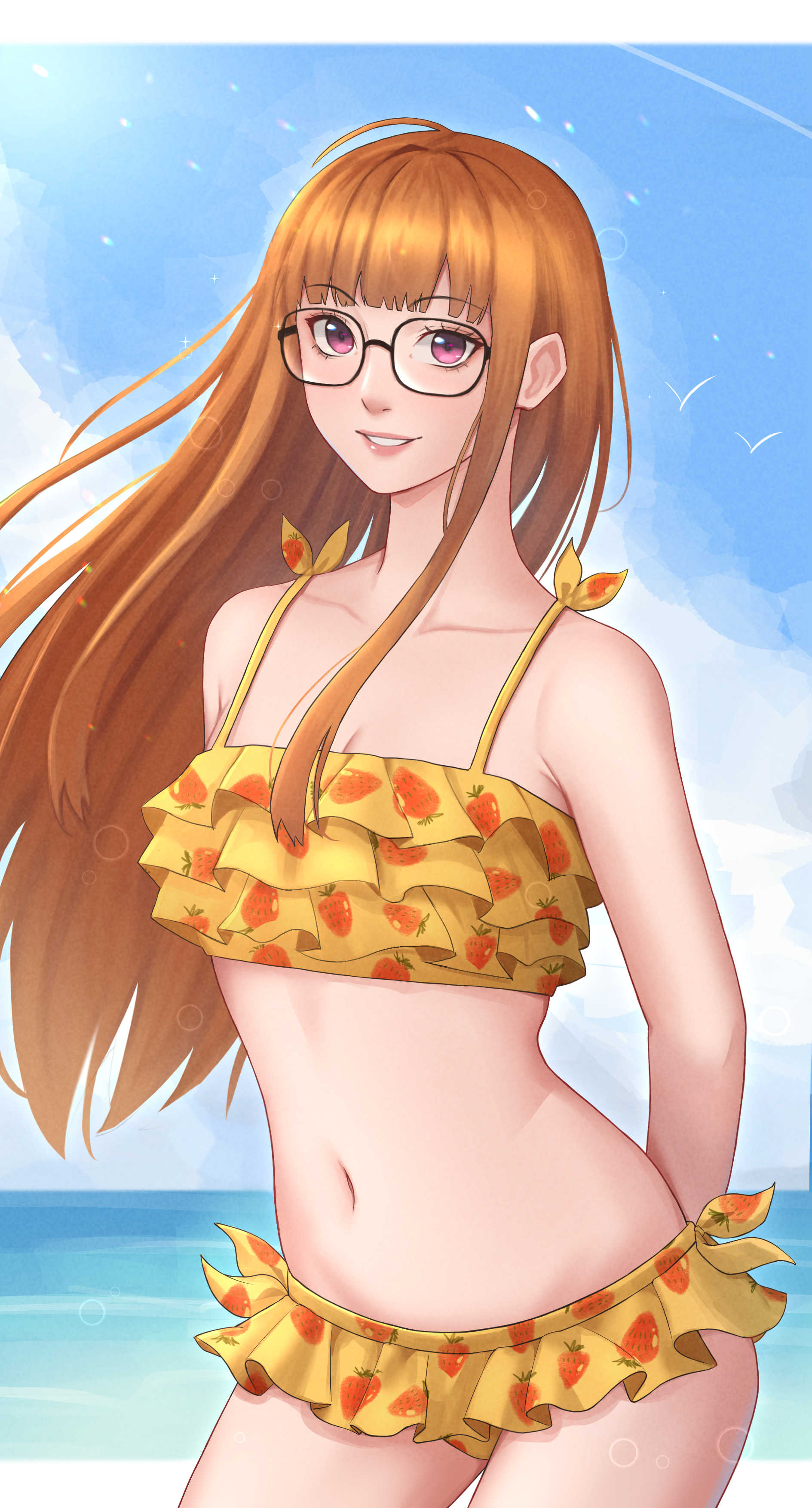 1girls, 2023, absurdres, ahoge, arms behind back, beach, bikini, bikini skirt, bird, blue sky, blunt bangs, breasts, cleavage, commentary, day, female, female only, floating hair, food print, frilled bikini, frills, fruit print, glasses, grin, highres, ikhwan maulana, lips, long hair, long orange hair, looking at viewer, navel, ocean, orange hair, outdoors, persona, persona 5, purple eyes, ruffle bikini, sakura futaba, sidelocks, sky, small breasts, smile, solo, stomach, strawberry print, swimsuit, very long hair, yellow bikini