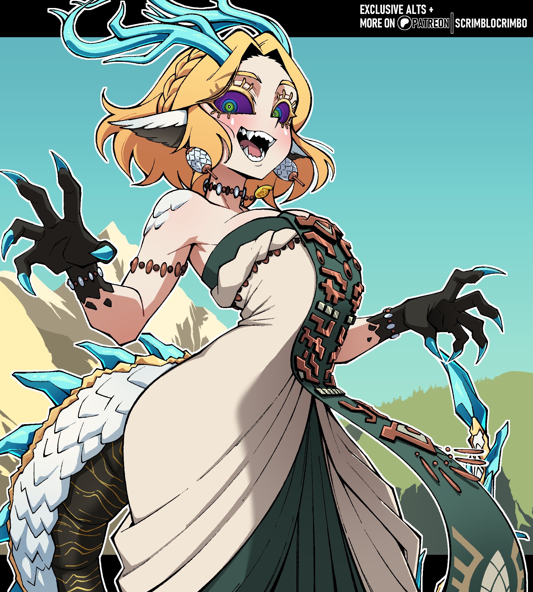 1girls, bare shoulders, blonde hair, blue sclera, blush, braid, breasts, choker, claws, colored sclera, crown braid, dragon girl, dragon horns, dragon tail, dragon zelda, dress, fangs, female, female only, green eyes, highres, horns, jewelry, light dragon (totk), looking at viewer, medium breasts, nintendo, off shoulder, off-shoulder dress, open mouth, princess zelda, purple sclera, scales, scrimblocrimbo, secret stone, sharp teeth, short hair, sidelocks, solo, strapless, strapless dress, tail, tears of the kingdom, teeth, the legend of zelda, white dress, zelda (tears of the kingdom)