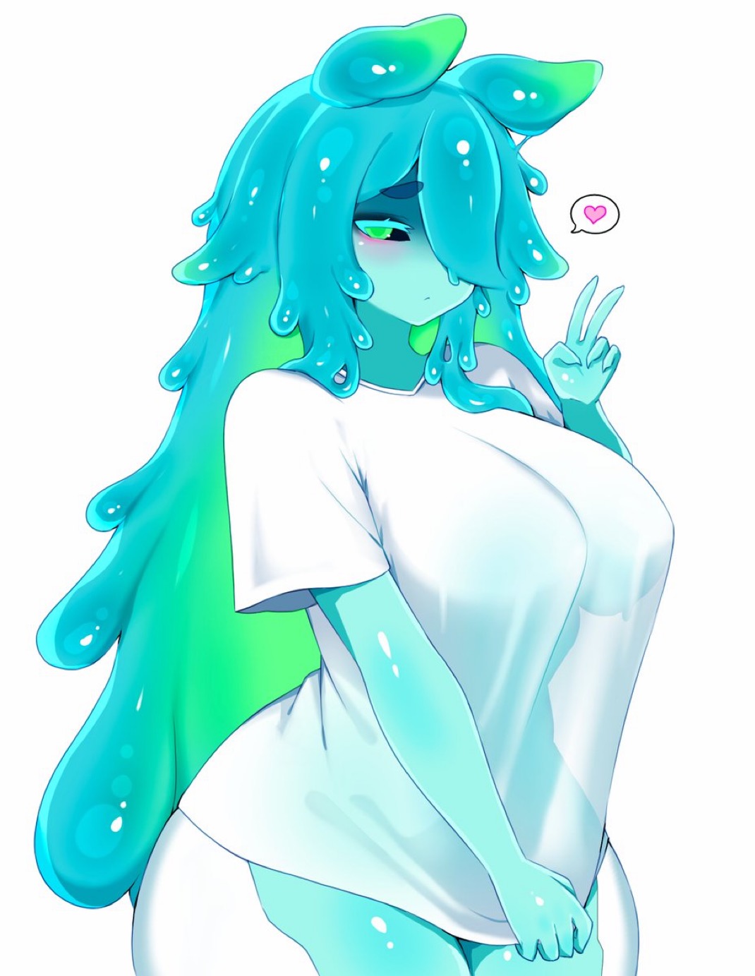 1girls, big breasts, black sclera, blue eyebrows, blue eyelashes, blue hair, blue skin, breasts, curvy, ears, female, green eyes, green hair, heart, houndeater, peace sign, pee-chan (houndeater), see-through clothing, slime, slime girl, slime hair, thick, thick thighs, white shirt, wide hips