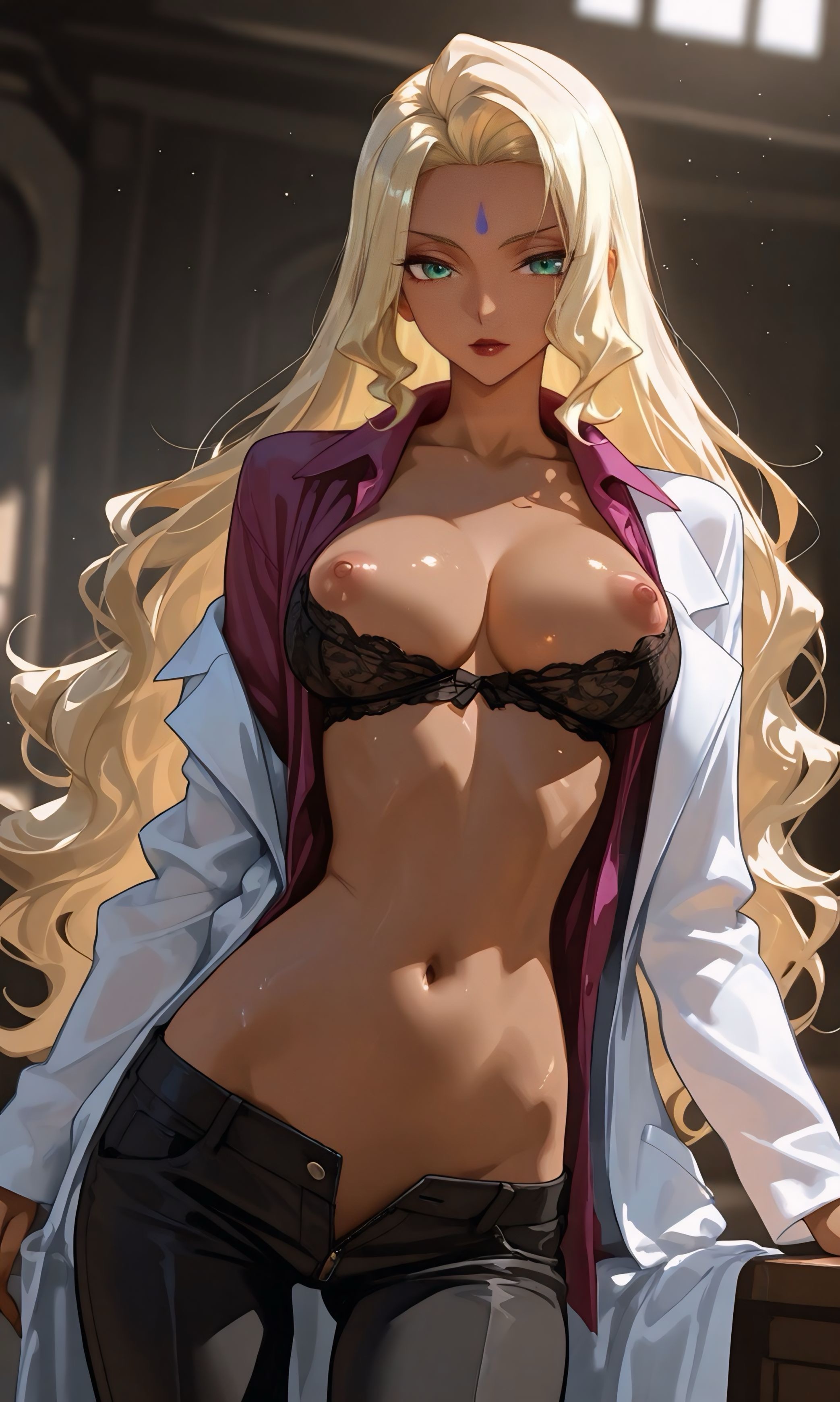ai generated, big breasts, bindi, blonde hair, bra pull, breasts, code geass, dark-skinned female, exposed nipples, female, green eyes, hourglass figure, indian, indian female, jeans, labcoat, open shirt, rakshata chawla, slim waist, tagme, topless