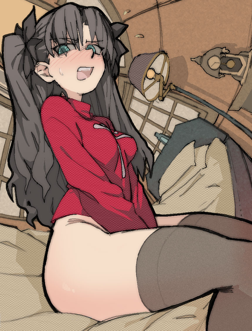 1girls, amlogamer, bare hips, bare thighs, bed, black hair, blush, bottomless, breasts, covering, covering crotch, embarrassed, fate (series), fate/stay night, female, hips, long hair, looking at viewer, rin tohsaka, solo, sweater, thick, thick thighs, thighhighs, thighs, tohsaka rin, tsundere, twintails