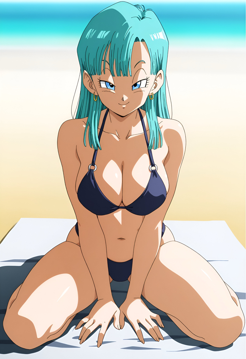 ai generated, aqua eyes, aqua hair, bikini, blue bikini, bulma briefs, clothed, clothed female, dragon ball, dragon ball z, duderu vanilla, female, female only, kneeling, swimsuit