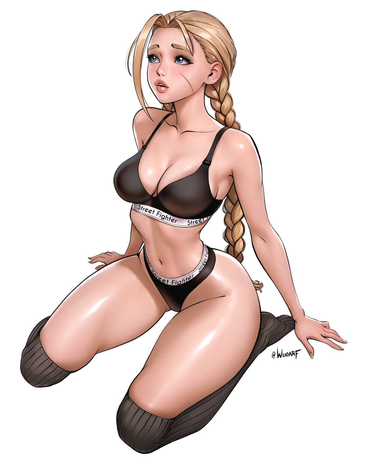 blonde hair, cammy white, female, female only, gym clothes, large breasts, shiny skin, simple background, street fighter, tagme, wuoarf