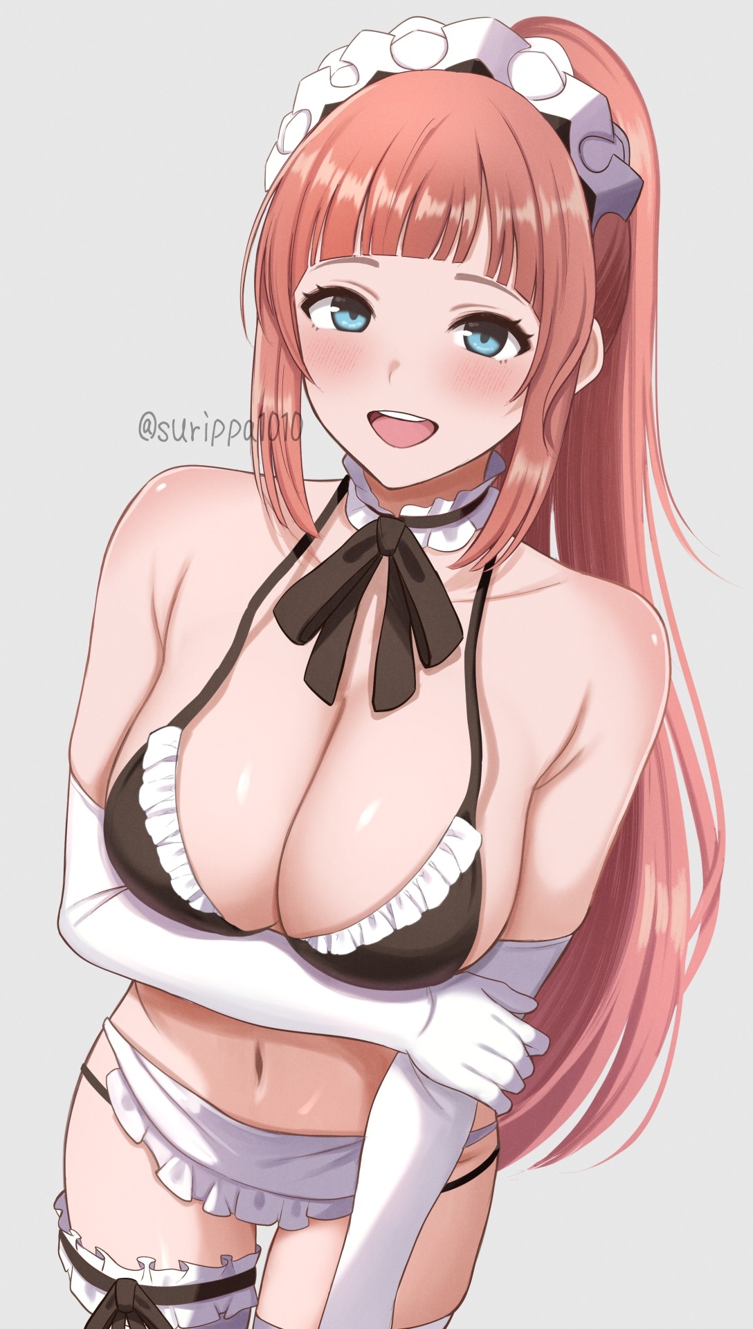 :d, alternate costume, bare shoulders, bikini, black bikini, blue eyes, blush, breasts, cleavage, collarbone, commentary request, elbow gloves, felicia (fire emblem), female, female only, fire emblem, fire emblem fates, from above, gloves, grey background, highres, large breasts, long hair, looking at viewer, maid, maid bikini, navel, nintendo, open mouth, ponytail, red hair, smile, solo, stomach, surippa1010, swimsuit, thighs, twitter username, unconventional maid, upper body, white gloves