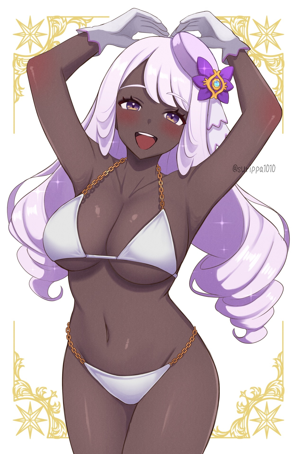 :d, 1girls, arms up, bikini, breasts, curvy, dark skin, dark-skinned female, female, female only, gloves, hat, highres, jacinthe (pokemon), large breasts, long hair, looking at viewer, mini hat, navel, nintendo, open mouth, pokemon, pokemon legends: z-a, purple eyes, purple hair, smile, solo, stomach, surippa1010, swimsuit, thong, thong bikini, very dark skin, very long hair, white bikini, white gloves, wide hips, yukari (pokemon)
