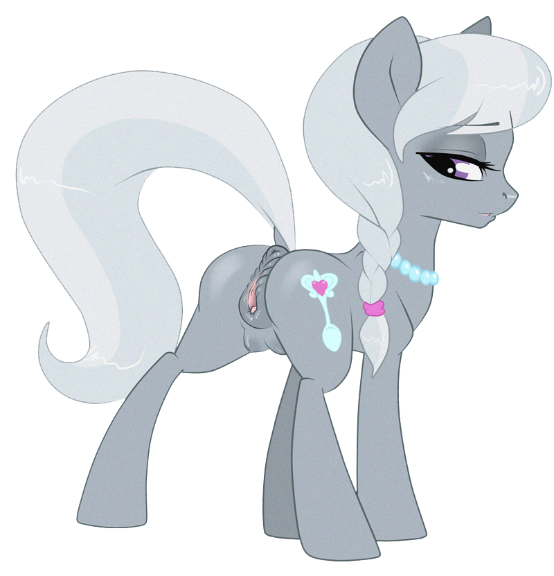 2013 alpha_channel anatomically_correct_pussy anus ass clitoris crotchboobs cutie_mark equine female friendship_is_magic fur grey_fur grey_hair hair horse looking_back my_little_pony plain_background pony purple_eyes pussy silver_spoon_(mlp) solo sugarcup transparent_background