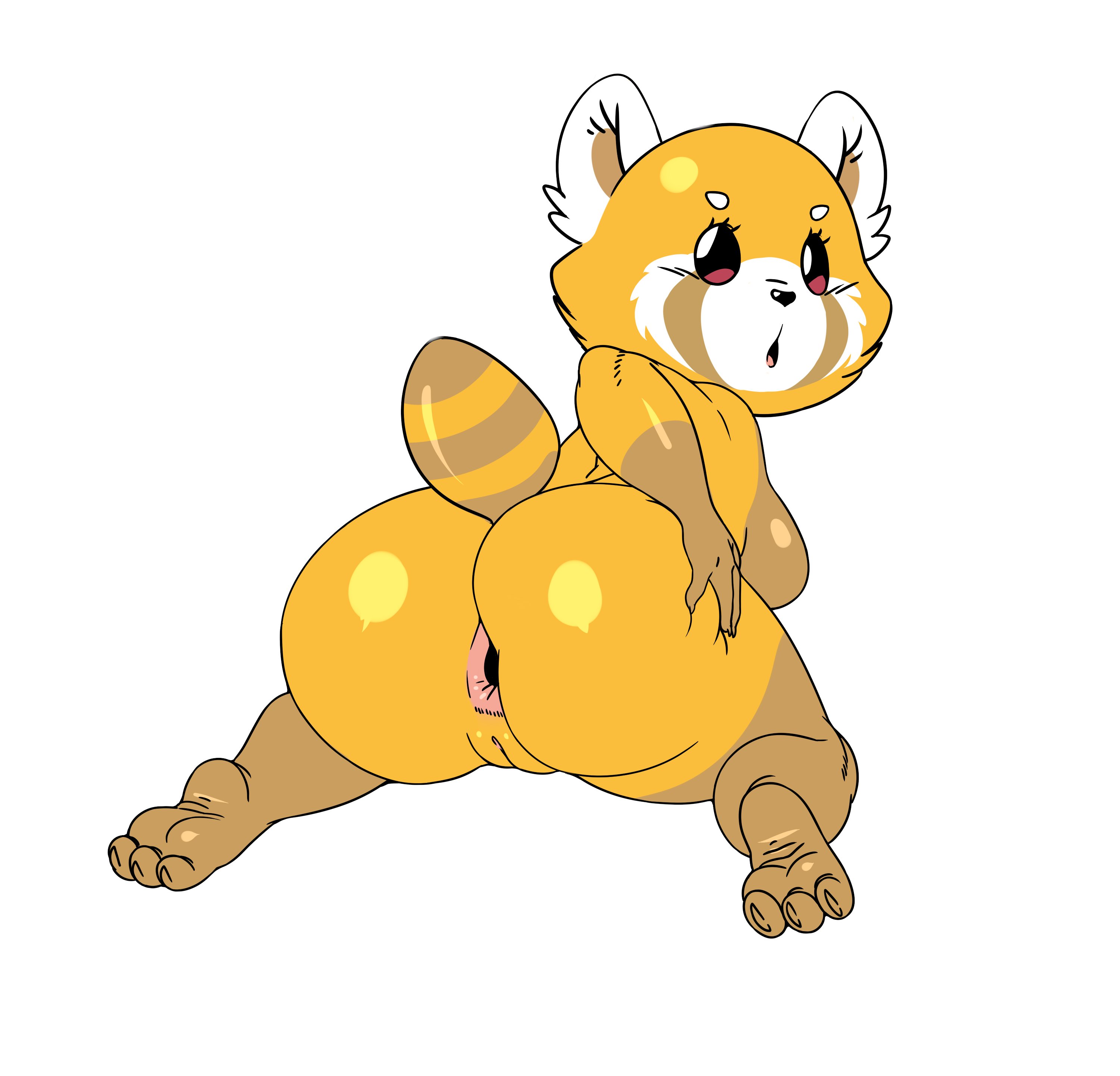 absurd res, aggretsuko, ailurid, anal, anal invitation, anal suggest, anthro, anus, black nose, breasts, brown body, brown eyes, brown fur, creamygravy, eyelashes, feet, female, fur, gaping, gaping anus, genitals, gloves (marking), hand on butt, hi res, imminent anal, kneeling, leg markings, looking at viewer, looking back, looking back at viewer, mammal, markings, nude, open mouth, orange body, orange fur, pink anus, pussy, red panda, retsuko, sanrio, simple background, socks (marking), solo, striped markings, striped tail, stripes, tail, tail markings, thick thighs, vulva, white background, white body, white fur, wide hips