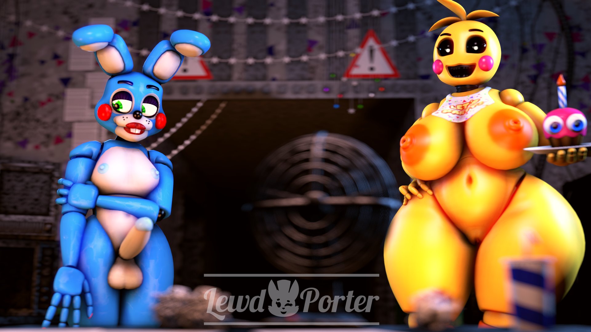 3d, 3d (artwork), beakless, bib, big breasts, blue nipples, breasts, buckteeth, erection, female, five nights at freddy's, fnaf2 location, green eyes, hand on hip, holding object, huge toy chica, lewdporter, looking away, mouth closed, office, orange nipples, pink cheeks, red cheeks, red lips, red lipstick, runaboo chica, shy, toy bonnie (fnaf), toy chica (fnaf), white eyes