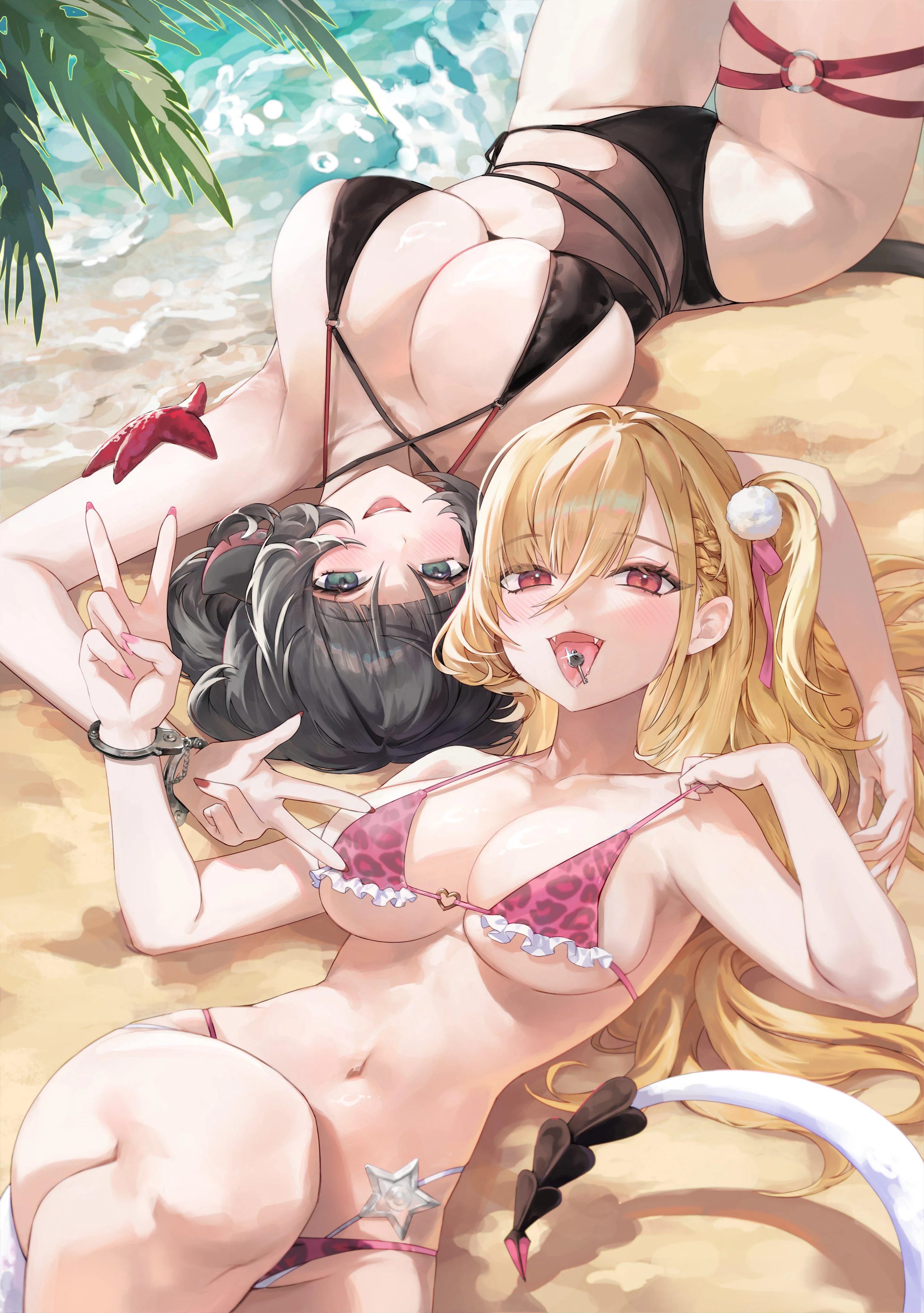 big breasts, bikini, cissia (zenless zone zero), colored nails, fangs, handcuffed, handcuffed together, handcuffs, jane doe (zenless zone zero), long hair, long nails, malsuk, medium breasts, mouse ears, mouse girl, mouse tail, multiple girls, painted nails, rat ears, rat girl, rat tail, snake girl, snake tail, swimsuit, zenless zone zero