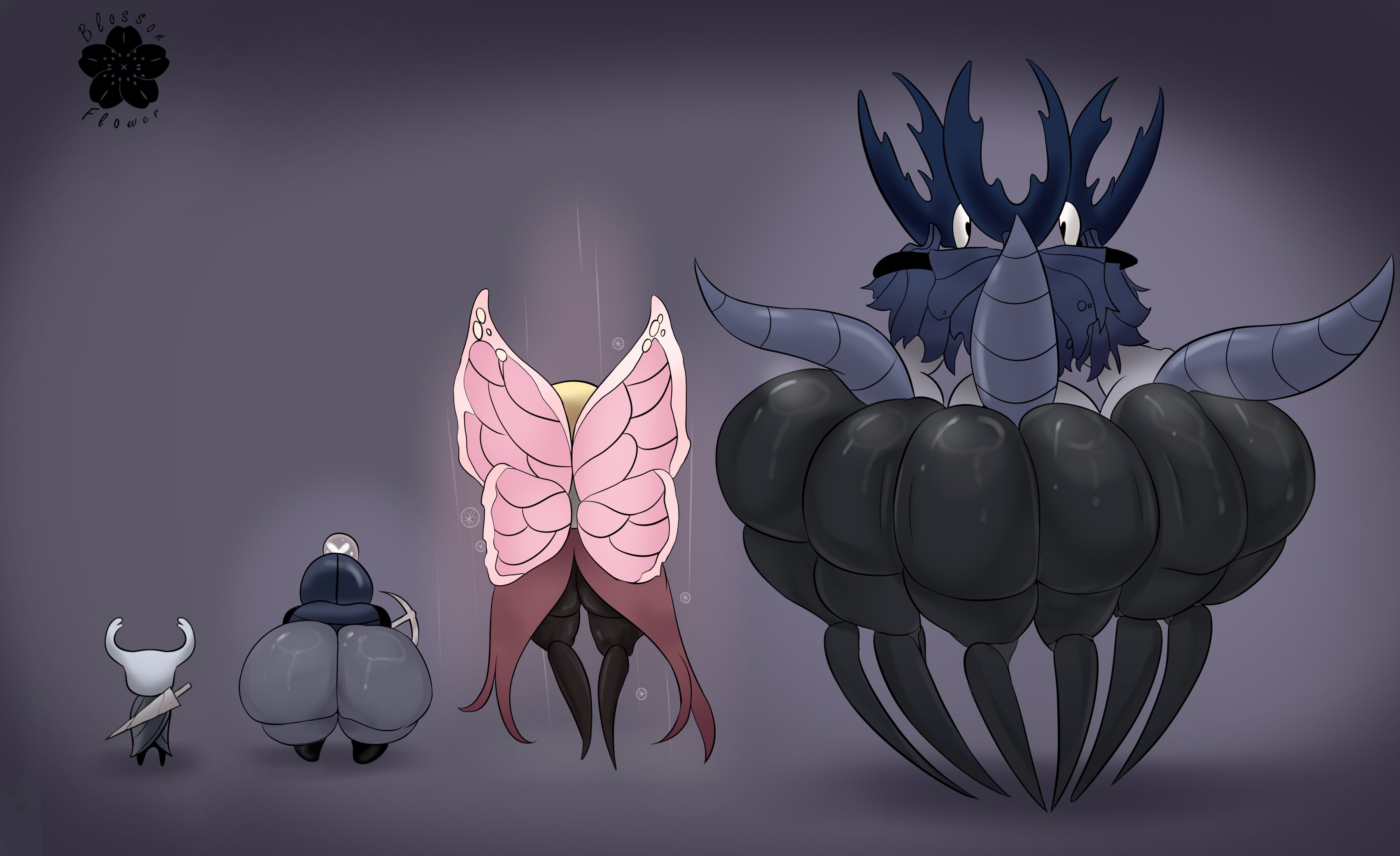 ass, back view, blossonflower, gigantic ass, hollow knight, huge ass, mantis lord, marissa (hollow knight), myla (hollow knight), protagonist (hollow knight), the knight (hollow knight), wide hips