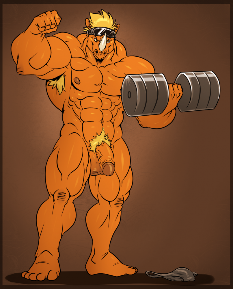 5_toes abs anthro armpit_hair balls biceps big_muscles eyeswear flexing furry goggles hair half-erect horn jockstrap male male_only muscles neodokuro nipples nude pecs penis pubes rhinoceros solo standing underwear vein weightlifting weights zakrhyno