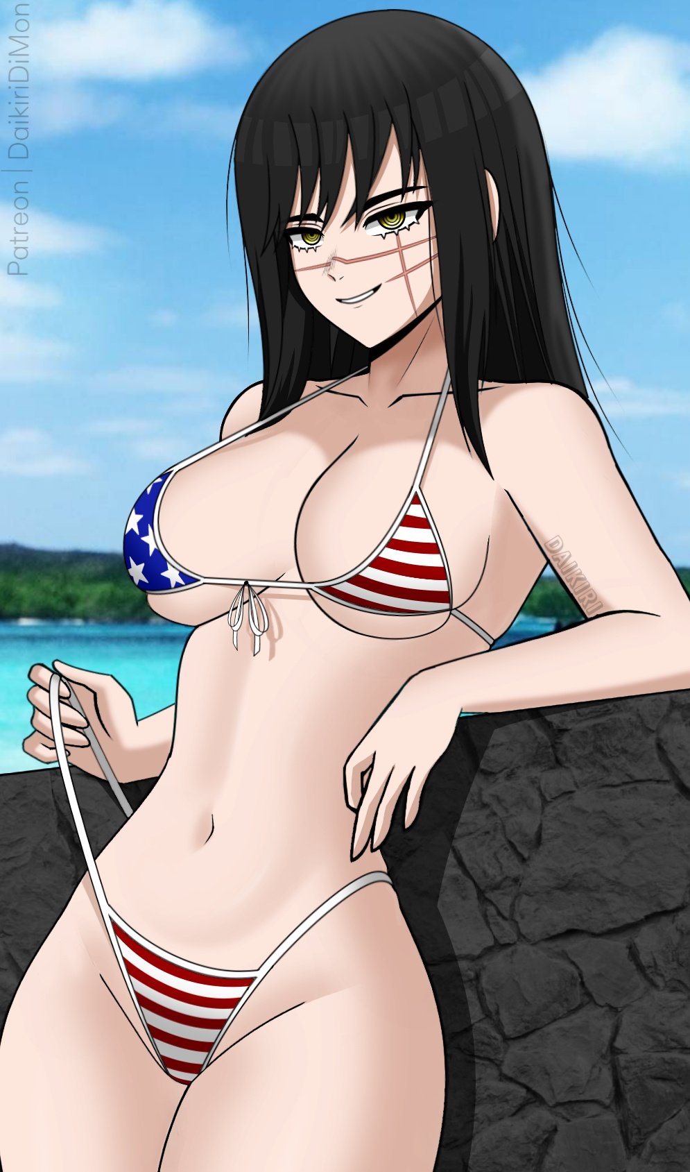 1girls, american flag bikini, beach, bikini, black hair, breasts, chainsaw man, daikiri di mon, female, looking at viewer, patreon username, scars, scars on face, smiling, smiling at viewer, yellow eyes, yoru (chainsaw man)