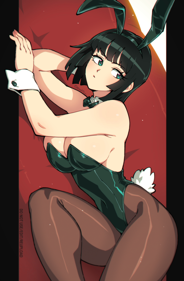 1girls, 333 (dqqqdle), alternate costume, animal ear hairband, animal ears, black pantyhose, bow, bowtie, breasts, bunny ears, bunny girl, bunny tail, bunnysuit, closed mouth, commentary, detached collar, english commentary, fake animal ears, fake tail, female, female only, fubuki (one-punch man), green bow, green bowtie, green eyes, green hair, green leotard, hairband, large breasts, leotard, one-punch man, pantyhose, rabbit ears, short hair, solo, strapless, strapless leotard, tagme, tail, thighs, white wrist cuffs, wrist cuffs