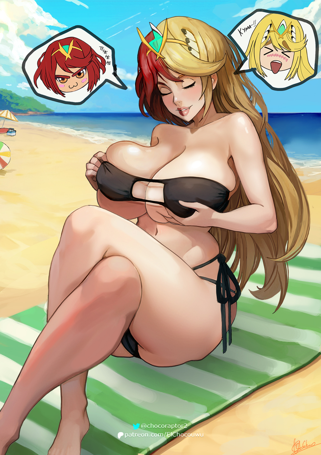 1girls, 2d, 2d (artwork), 2d artwork, 2girls, ass, beach, big ass, big breasts, big butt, big thighs, bikini, black bikini, blonde female, blonde hair, blonde-haired female, breasts, busty, chocoraptor, clothed, commission, curvy, curvy body, curvy female, curvy figure, curvy hips, curvy thighs, female, female focus, female only, hi res, high resolution, hips, hourglass figure, huge breasts, illustration, large ass, large breasts, light skin, light-skinned female, long hair, merged, multiple females, multiple girls, mythra, nintendo, outdoors, pinup, pyra, red hair, red lipstick, selfcest, short hair, showing, smile, soft breasts, super smash bros., super smash bros. ultimate, thick, thick legs, thick thighs, thigh highs, thighs, voluptuous, voluptuous female, wide hips, xenoblade (series), xenoblade chronicles 2, yuri