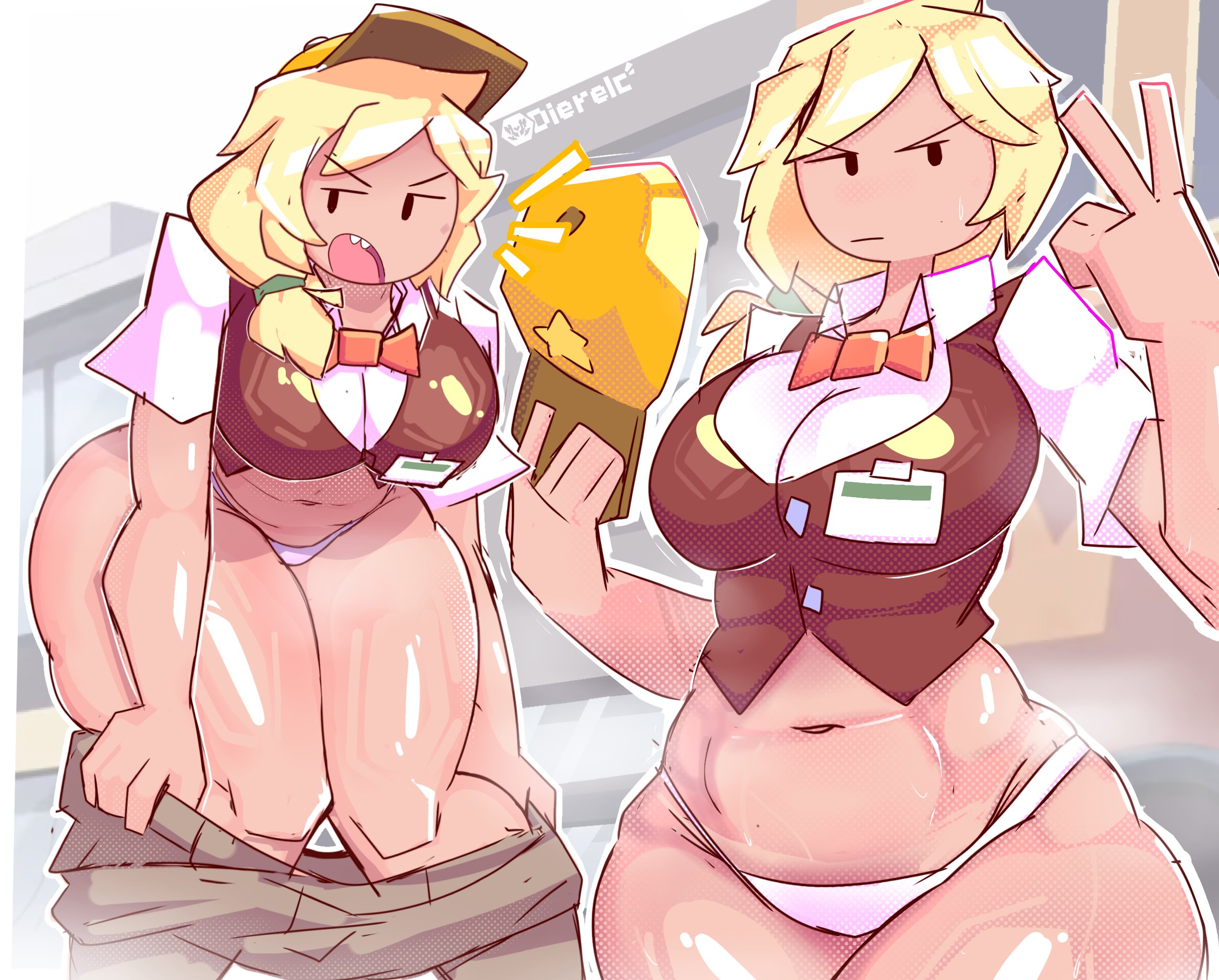. ., 1girls, adventure time, adventure time: fionna & cake, artist logo, artist name, blonde hair, bow, bowtie, breasts, brown vest, dierelc, female, female focus, female only, fionna campbell, fionna the human girl, hair tie, hat, highres, large breasts, logo, long hair, looking at viewer, open mouth, orange bow, orange bowtie, panties, pants, serious, solo, star (symbol), steaming body, stomach, thighs, underwear, unworn pants, v, vest, white panties
