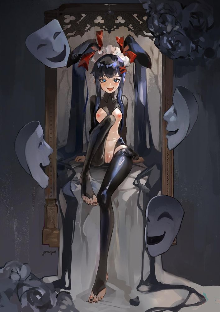 absurdres, animal ears, black eyes, black hair, black shrug, black toenails, blue pupils, breasts, cleft of venus, crotchless, doyagao, fake animal ears, female, highres, latex, latex legwear, light blush, long hair, looking at viewer, maid headdress, meme attire, nail polish, nipples, open mouth, original, pixelated, pussy, rabbit ears, reverse bunnysuit, reverse outfit, shrug (clothing), small breasts, smug, solo, stirrup legwear, stitches, symbol-shaped pupils, toenail polish, toenails, toes, twintails, uncensored, yeougui, yuki (yeougui)