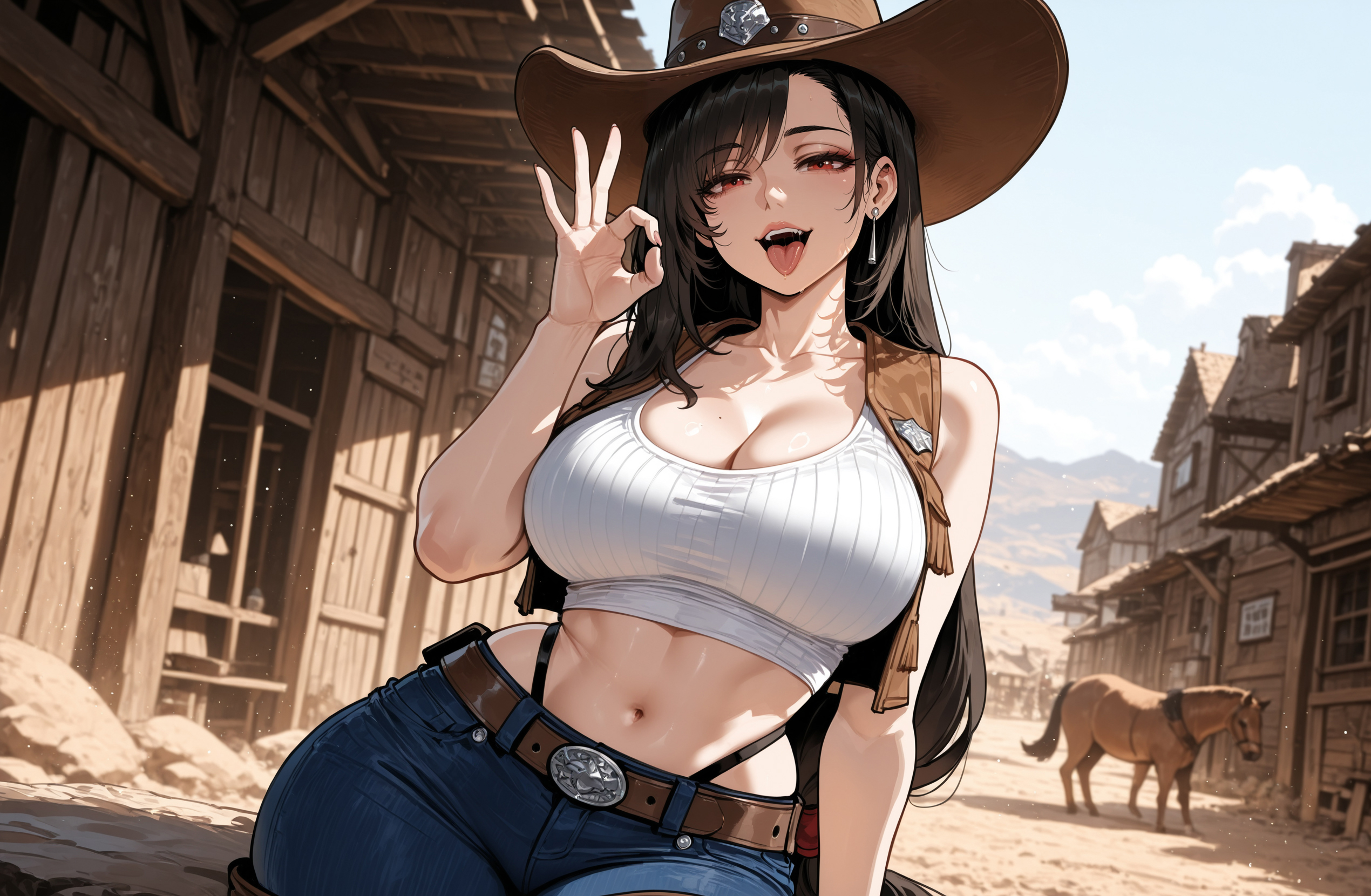 1boy, ai generated, ass, bangs, bare shoulders, belt, bent over, bird, black hair, boots, breasts, brown eyes, brown footwear, building, cleavage, cowboy boots, cowboy hat, curvaceous, curvaceous female, curvaceous figure, curvy, curvy body, curvy female, curvy figure, curvy hips, daybreasts, denim, earrings, fellatio face, fellatio gesture, female, final fantasy, final fantasy vii, hand on hip, hat, imminent fellatio, imminent oral, imminent sex, jeans, jewelry, knee boots, large breasts, long hair, looking at viewer, male, midriff, miyuai, mole, navel, open mouth, outdoors, pants, smile, tagme, tank top, thick, thick ass, thick legs, thick thighs, thigh boots, thighhighs, tifa lockhart, tongue, uncensored, voluptuous, voluptuous body, voluptuous female, western