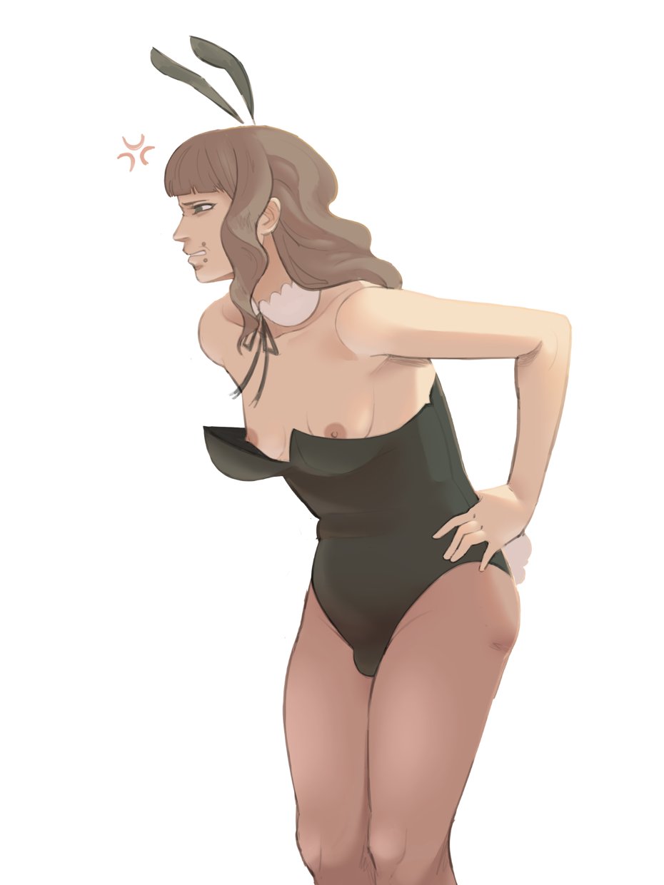 1girls, angry, annoyed, breasts out, brown hair, bulge, bunny ears, bunny tail, bunnysuit, clenched teeth, dickgirl, dickgirl only, fanic, fear and hunger, fear and hunger: termina, hands on hips, light brown hair, lip piercing, long hair, marina (fear and hunger), pantyhose, playboy bunny, small breasts, solo, trans woman, transfem, wardrobe malfunction, wavy hair