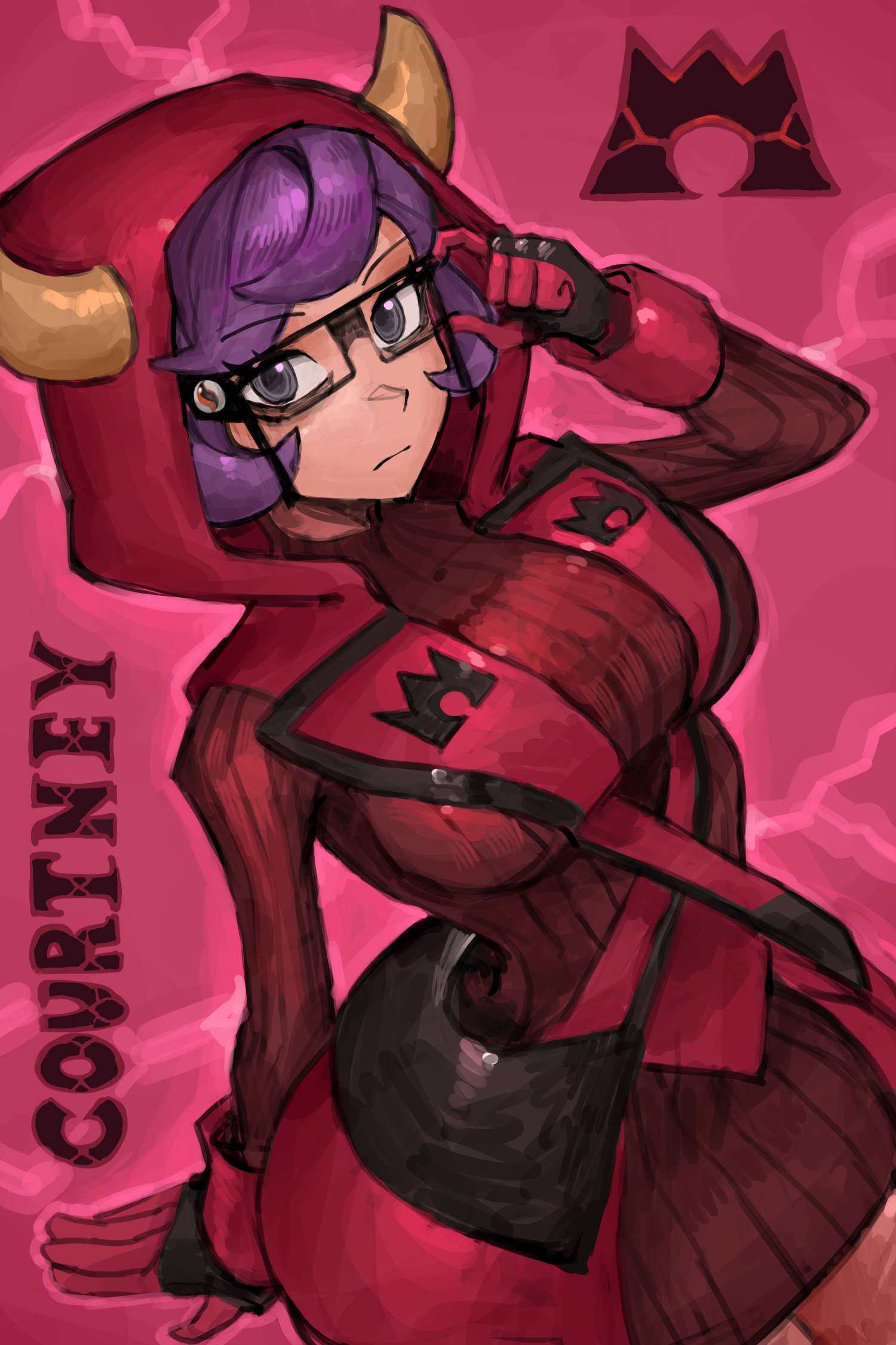 bespectacled, breasts, character name, closed mouth, commentary, courtney (pokemon oras), courtney (pokemon), english commentary, eyelashes, fake horns, female, female only, game freak, glasses, gloves, hand up, highres, hood, hood up, horns, large breasts, looking at viewer, mega stone, nintendo, pokemon, pokemon oras, purple eyes, purple hair, red sweater, red theme, ribbed sweater, saiykik, short hair, solo, sweater, team magma, team magma uniform, turtleneck, turtleneck sweater