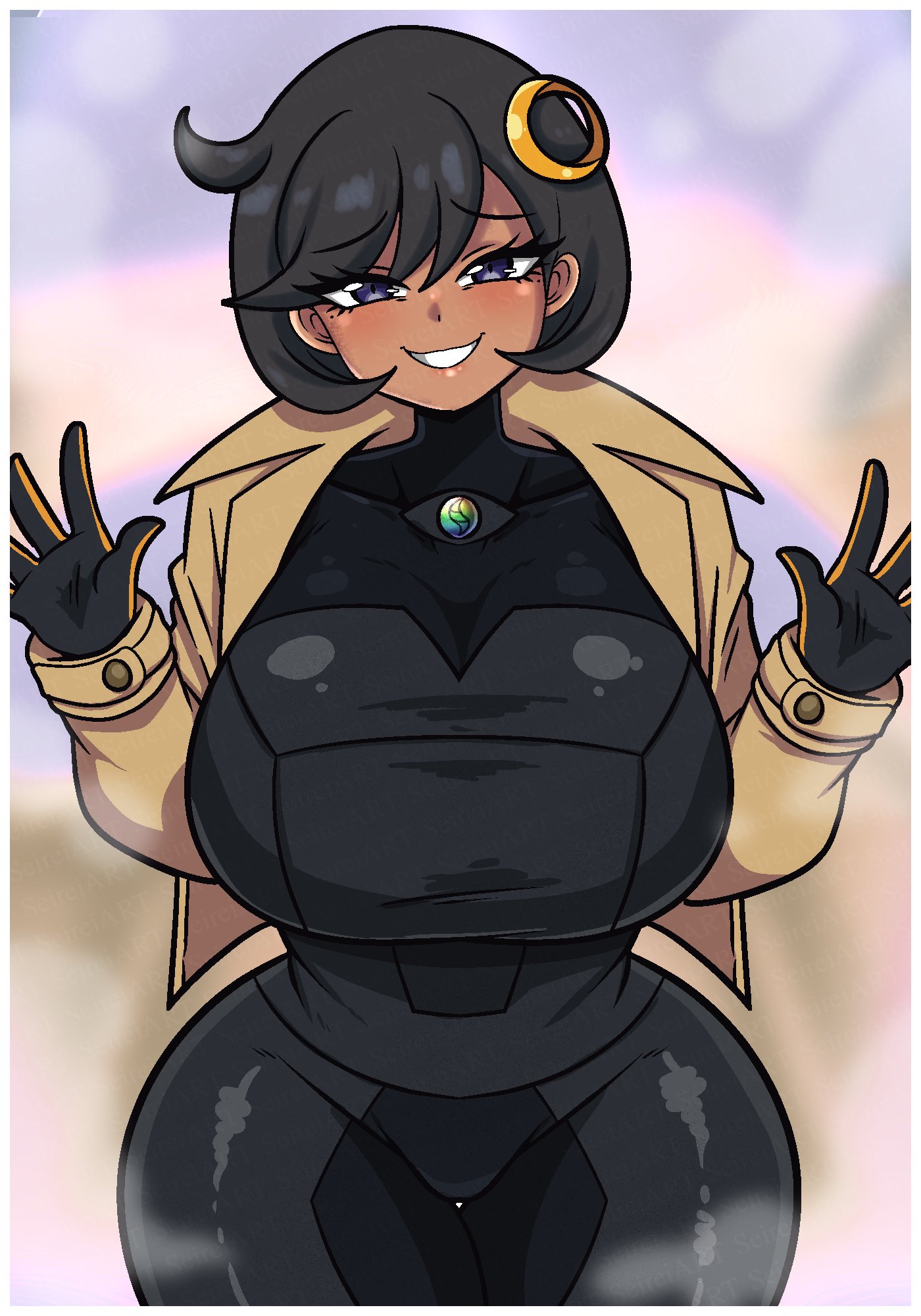 1girls, big breasts, black hair, bodysuit, breasts, clothed female, dark-skinned female, emma (pokemon), female, hips, jacket, matiere (pokemon legends: z-a), matiere (pokemon), pokemon, pokemon legends: z-a, purple eyes, seireiart, smile, solo, tan skin, thick thighs, thighs