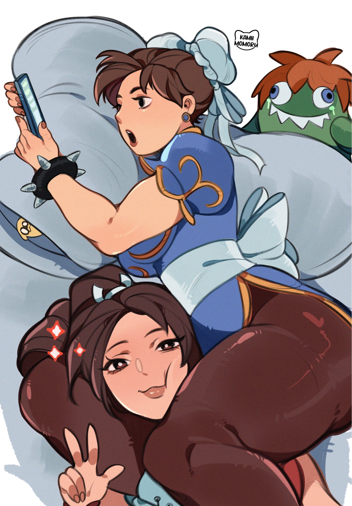 2girls, asian, asian female, blanka, brown eyes, brown hair, capcom, checking phone, cheek press, chun-li, clingy, fatal fury, female, female only, head between thighs, hi res, im this clingy (meme), kamii momoru, king of fighters, looking at phone, looking at viewer, mai shiranui, meme, pantyhose, pillow, plushie, smiling, smiling at viewer, snk, street fighter, street fighter ii, thick thighs, v sign, white background