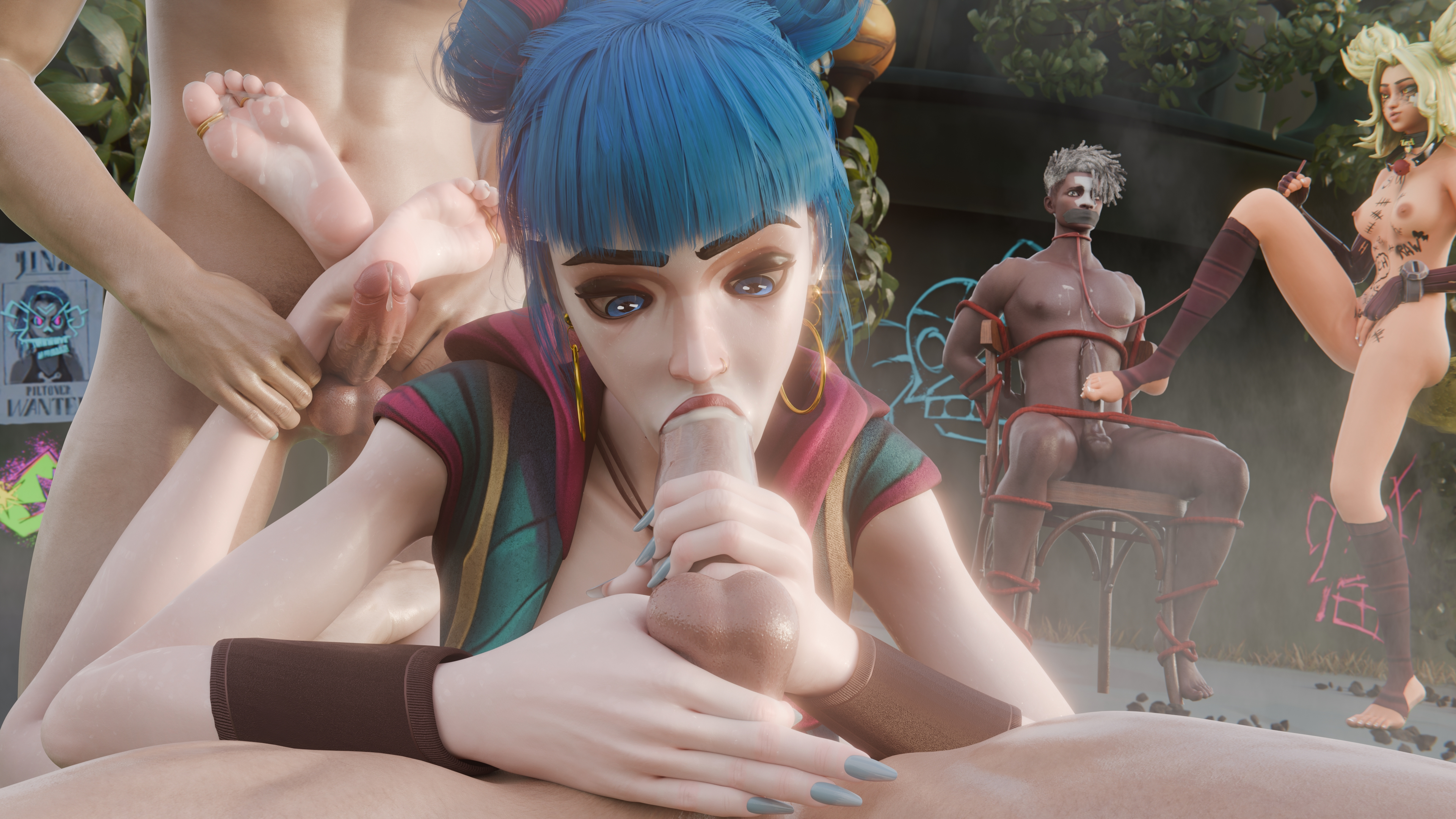 3d, 4k, arcane, bleached, blowjob, blue nails, bondage, cock, cuckold, cum, cum inside, cum on feet, dark skin, dark-skinned male, dekquciz, dick, ekko, feet, footjob, interracial, jinx (league of legends), league of legends, netorare, no ai, penis, powder (arcane), soles, stirrup legwear, toe ring, toes, zeri (league of legends)