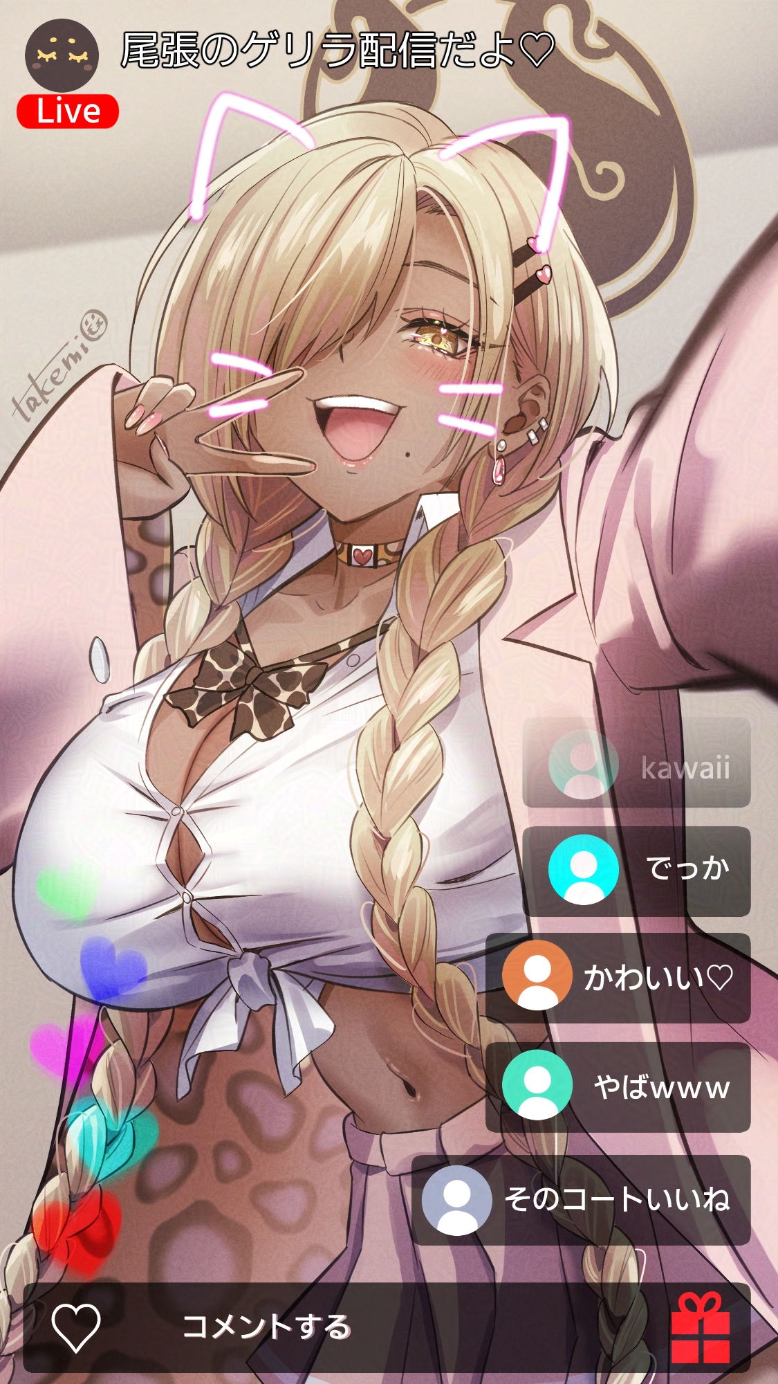 animal ears, asymmetrical bangs, azur lane, blonde hair, blush, braid, breasts, button gap, cg, choker, cleavage, dark skin, dark-skinned female, earrings, fake animal ears, fake phone screenshot, fake screenshot, female, gyaru, hair ornament, hair over one eye, hairclip, jacket, jewelry, kogal, large breasts, long bangs, long hair, looking at viewer, midriff, mole, mole under mouth, navel, one eye closed, open mouth, owari (azur lane), pleated skirt, school uniform, selfie, shirt, skirt, smile, solo, takemi mochi, twin braids, v, very long hair, white shirt, yellow eyes