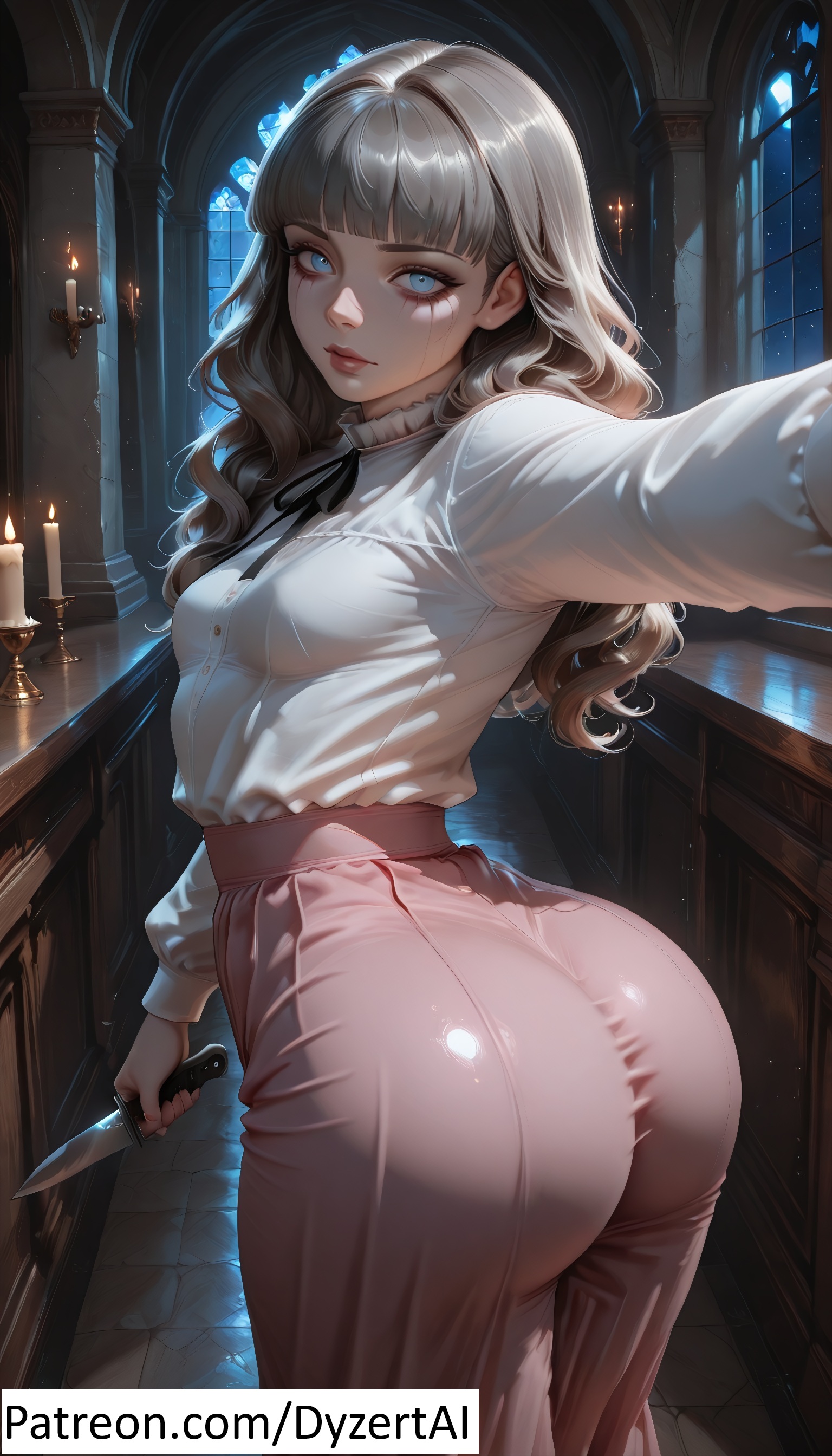 1futa, ai generated, ass, ass focus, back view, blue eyes, breasts, dyzertai, fear and hunger, fear and hunger: termina, futa only, futanari, grey hair, intersex, light-skinned futa, looking at viewer, marina (fear and hunger), night, pink skirt, ribbon, skirt, small breasts, solo, white shirt