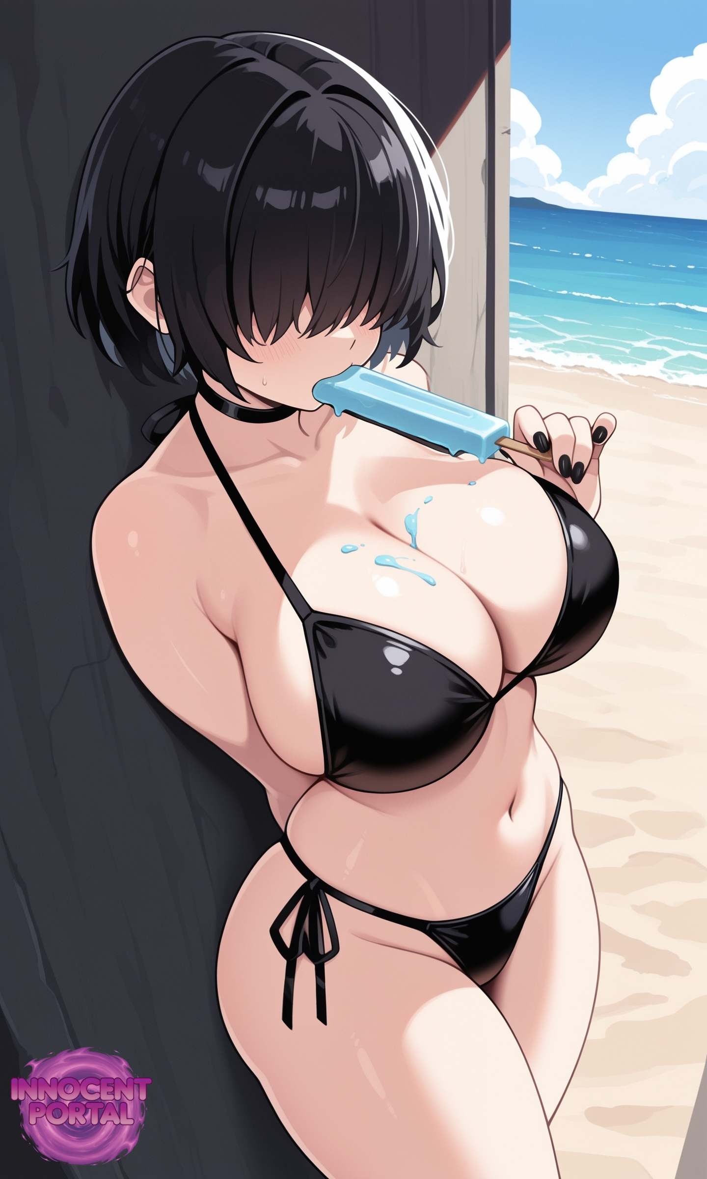 against wall, ai generated, arm behind back, bangs, bangs over eyes, beach, big breasts, bikini, black bikini, black bikini bottom, black bikini top, black choker, black hair, black nail polish, black nails, black swimsuit, breasts, busty, busty female, cleavage, cute, cute sexy, female, female focus, female only, goth, goth girl, gothic, gothic girl, hair covering eyes, hair over eyes, hand behind back, holding ice cream, holding object, ice cream, ice cream on breasts, jorgecarlosai, nail polish, navel, sand, sexy, sexy body, sexy pose, short hair, side-tie bikini, standing, swimsuit, thighs, water, watermark