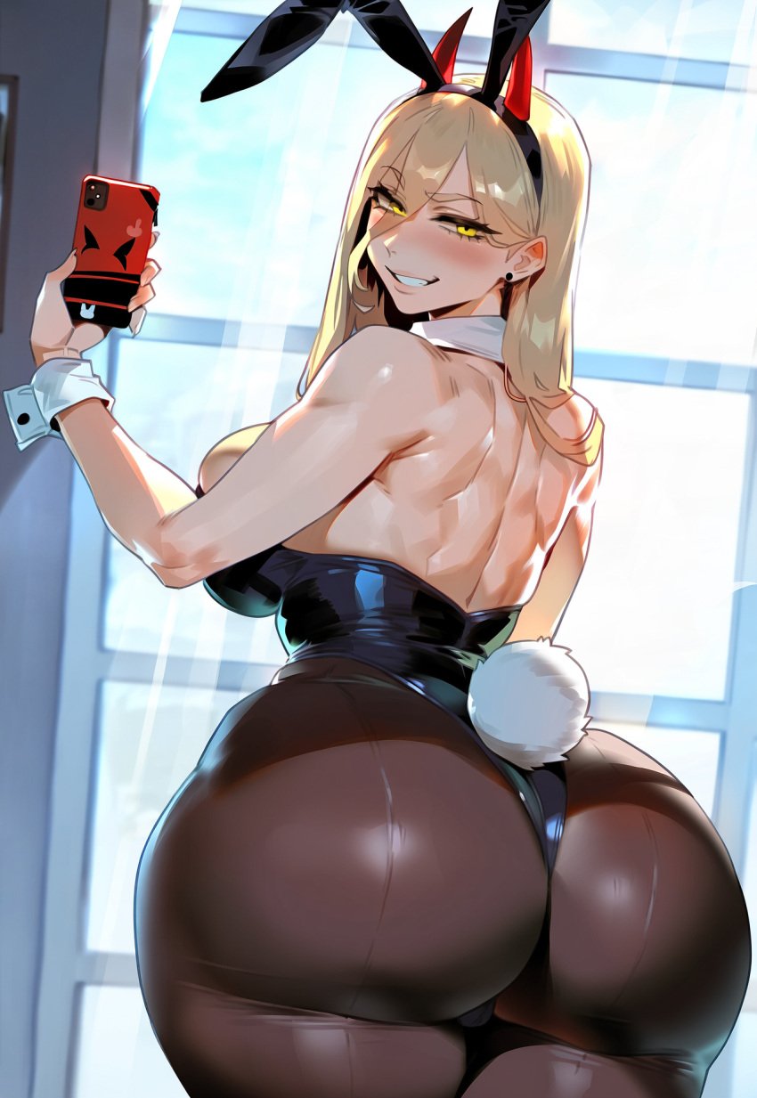 1girls, ai generated, alternate breast size, ass, ass focus, big breasts, blonde hair, breasts, bunnysuit, chainsaw man, demon, demon girl, demon horns, female, female only, floox, high resolution, horns, huge ass, huge breasts, large breasts, light-skinned female, long hair, naughty face, power (chainsaw man), selfie, solo, stable diffusion