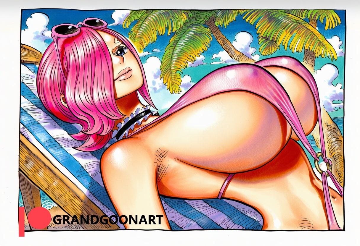 1girls, accurate art style, ai generated, boobs bigger than head, breasts, female, female only, grandgoonart, manga, manga page, manga style, massive breasts, one piece, patreon, pink hair, pink-haired female, sideboob, solo, solo focus, swimsuit, vinsmoke reiju