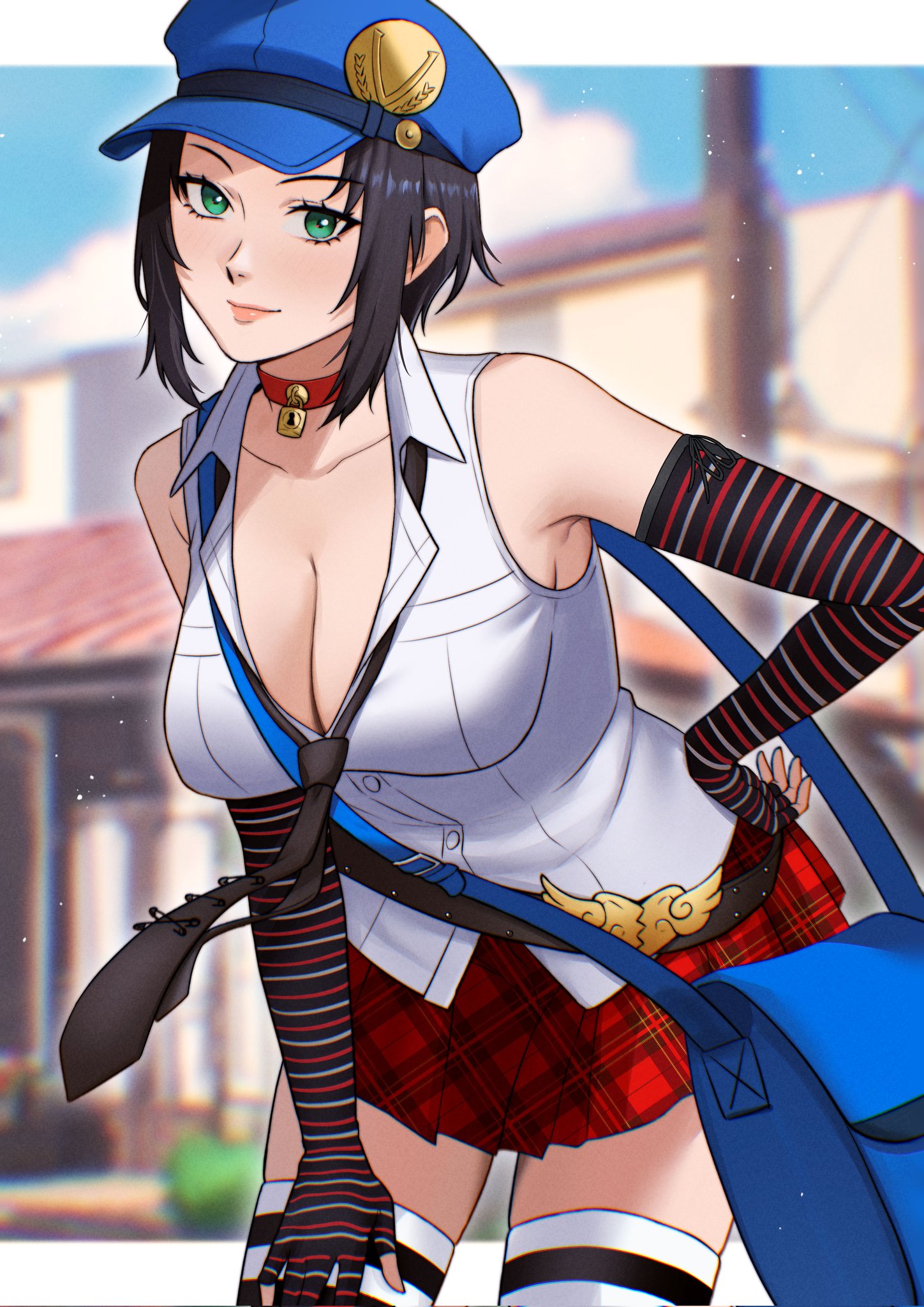 1girls, armpit crease, bag, bare shoulders, black hair, black necktie, blue sky, blurry, blurry background, blush, breasts, building, checkered clothes, checkered skirt, choker, cleavage, closed mouth, cloud, cloudy sky, collarbone, collared shirt, commentary, elbow gloves, female, female only, fingerless gloves, gloves, green eyes, hand on own hip, highres, ikhwan maulana, large breasts, leaning forward, lips, lock, looking at viewer, marie (persona 4), miniskirt, necktie, outdoors, partially unbuttoned, persona, persona 4, persona 4 the golden, pink lips, pleated skirt, red choker, red skirt, shirt, short hair, shoulder bag, sidelocks, skirt, sky, sleeveless, sleeveless shirt, solo, striped clothes, striped gloves, striped thighhighs, thighhighs, white shirt, white thighhighs, zettai ryouiki
