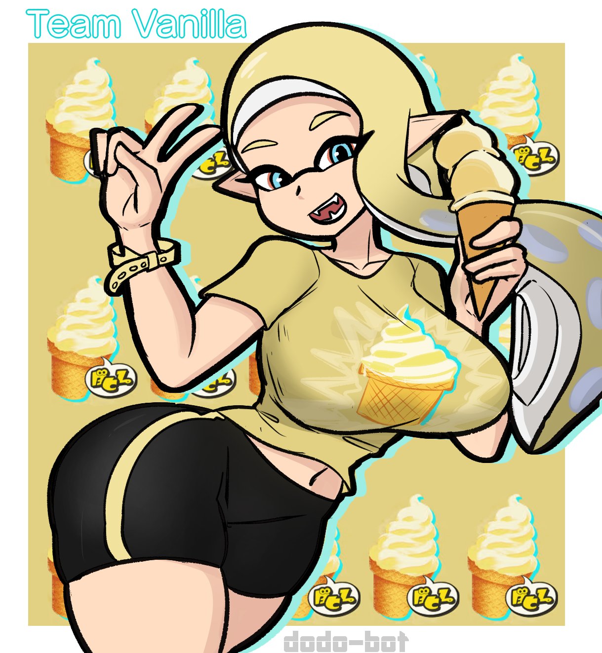 big_ass big_breasts clothed clothing dodo-bot female female_only go_team_vanilla ice_cream inkling inkling_girl nintendo pants shirt splatfest splatoon yellow_hair