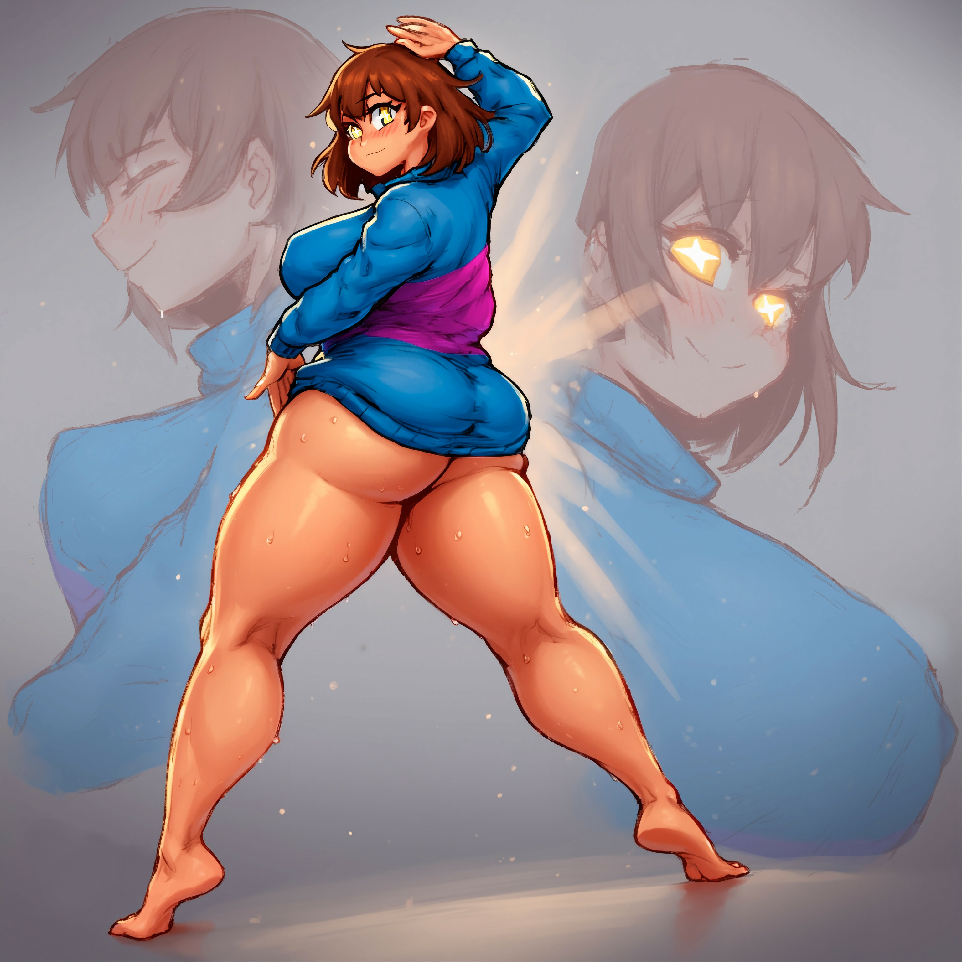 ai generated, areolae, artist name, ass, big areola, big ass, big breasts, big butt, big thighs, bob cut, breasts, brown hair, determination, female, female focus, female frisk, frisk, girly, huge ass, huge breasts, huge butt, huge thighs, large areolae, large ass, large breasts, large butt, large thighs, larger female, light skin, light-skinned female, pose, sexy, sexy body, sexy pose, short hair, solo, srimbievil58, star, thick thighs, thighs, toby fox, undertale, undertale (series), video games, yellow body, yellow eyes