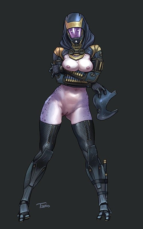 alien, alien girl, areolae, armor, bodysuit, breasts, female, female only, grey background, helmet, hood, mask, masked female, mass effect, medium breasts, nipples, purple skin, pussy, quarian, solo, solo female, tagme, tali'zorah nar rayya, tashio