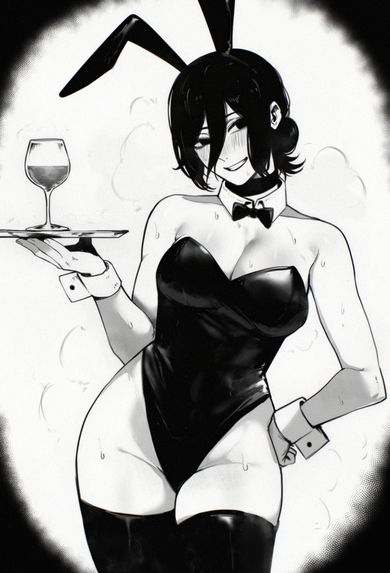 1boy, 1girls, bare legs, bare shoulders, black and white, blush, bunny ears, bunnysuit, chainsaw man, female, hi res, light skin, light-skinned female, looking at viewer, male, rethoven, reze (chainsaw man), smile, solo, solo female, thick thighs, thighhighs, thighs, wide hips
