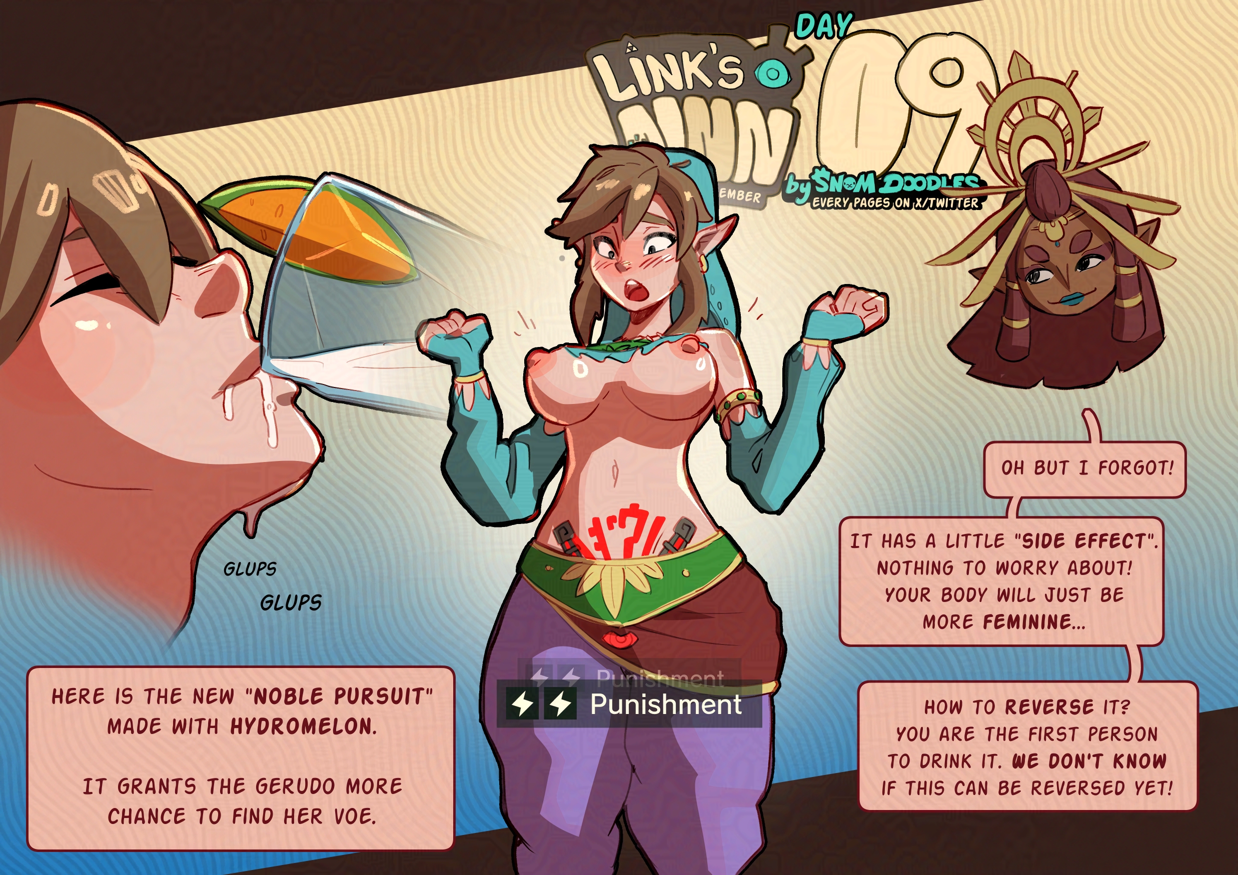1boy, 1girls, 1male, androgynous, body modification, body transformation, boobs out, breast expansion, breast growth, breasts, breasts out, breath of the wild, caption, chastity, chastity cage, chastity device, clothed, comic, comic page, comic panel, confident, confident female, confident smile, day count, dialog, dialogue, dialogue box, dialogue bubble, drink, drinking, ear piercing, ear ring, earrings, embarrassed, embarrassed nude male, english dialogue, english text, female, forced transformation, futanarization, gameplay mechanics, gerudo link, gerudo outfit, gerudo top, half naked, half nude, half-dressed, jewelry, link, link (breath of the wild), male, nipples, no nut november, nude, nude male, orgasm denial, page 9, penis, riju, simple background, smirk, smirking, snomdoodles, surprise, surprised, surprised expression, surprised face, surprised look, tears of the kingdom, text, the legend of zelda, thighs, transformation
