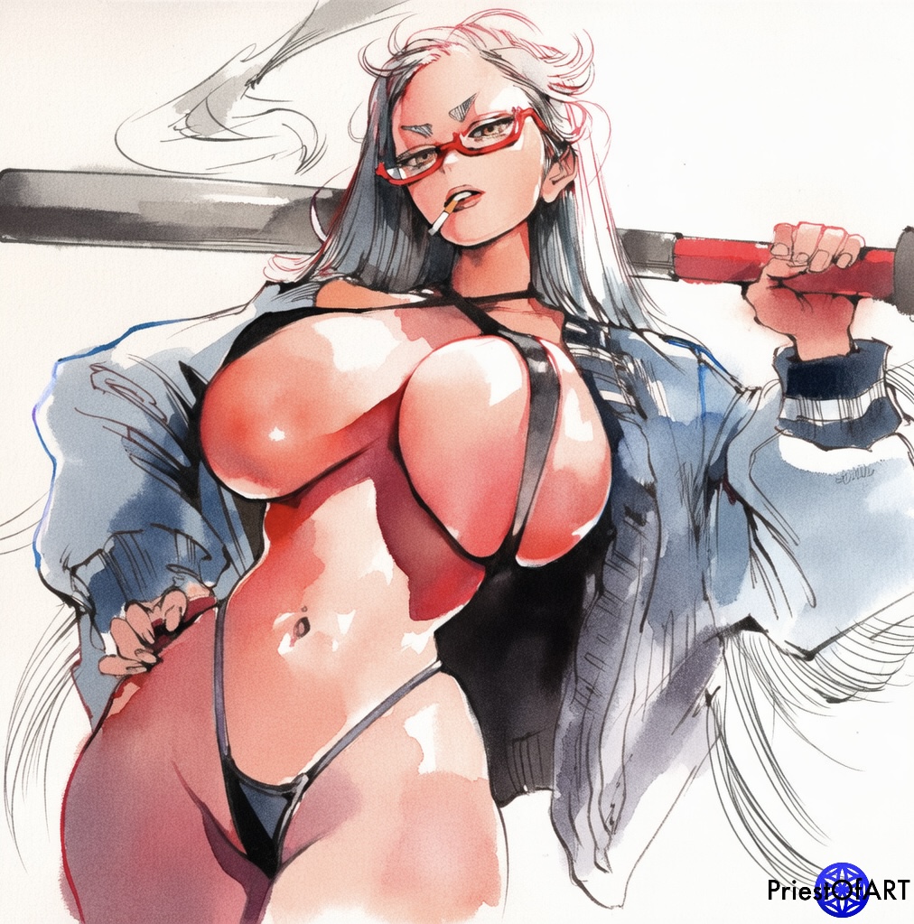 1girls, ai generated, ayase seiko, breasts, cigarette, dandadan, female, female only, glasses, huge breasts, jacket, long hair, milf, narrow waist, priestofart, shiny, silver hair, smoking, solo, solo female, thick thighs, watercolor, watercolor (artwork), watermark, wide hips