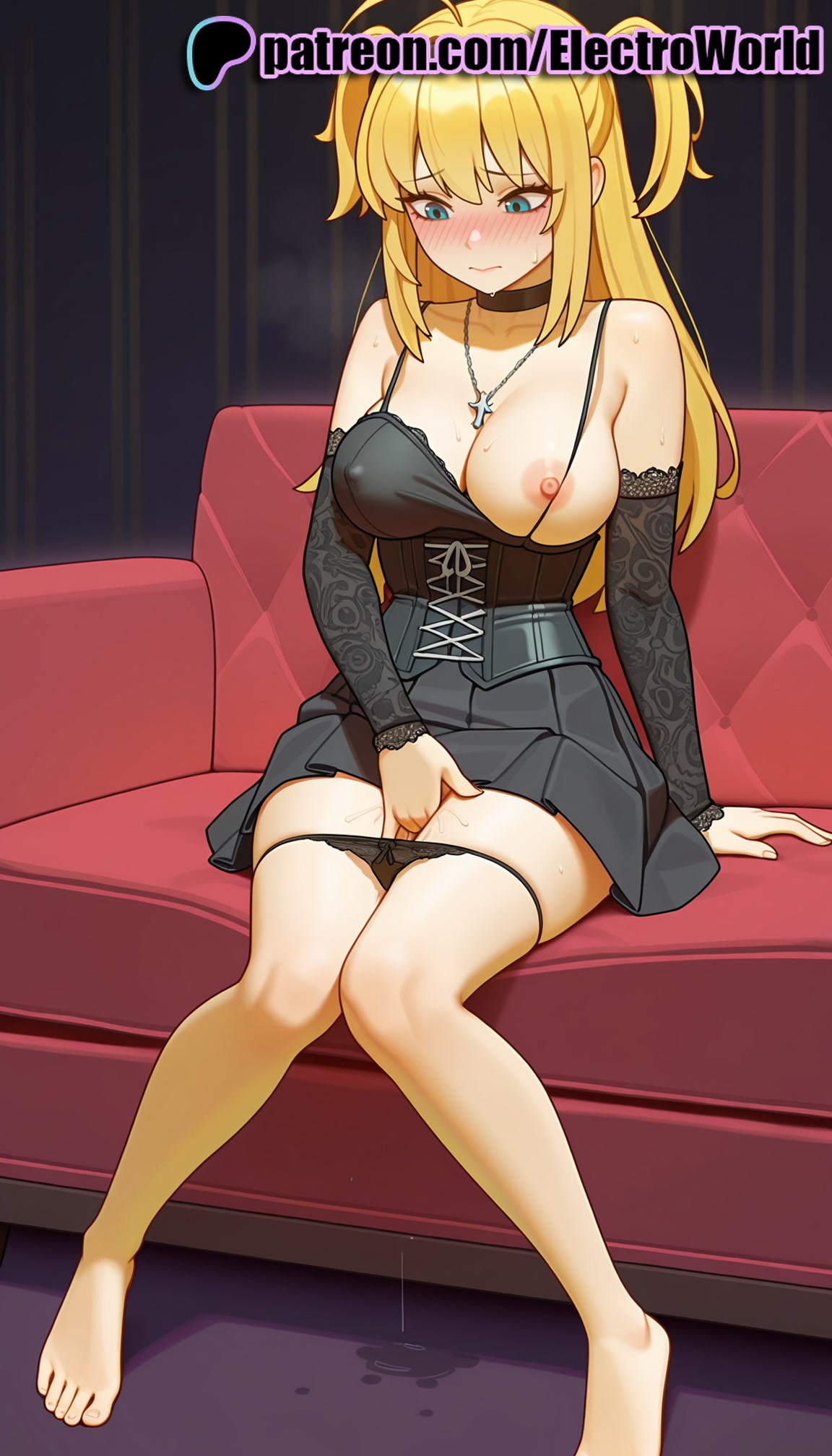 1girls, 2025, ai generated, artist name, average breasts, bare shoulders, barefoot, black dress, black panties, blonde hair, blue eyes, blush, breasts, bust, chest, death note, dress, electroworld, exposed nipples, female, hi res, high quality, high resolution, highres, jewelry, long hair, medium breasts, misa amane, necklace, nipples, nipples outside, normal breasts, panties, panty pull, patreon, patreon username, sitting, solo, stable diffusion, underwear, watermark
