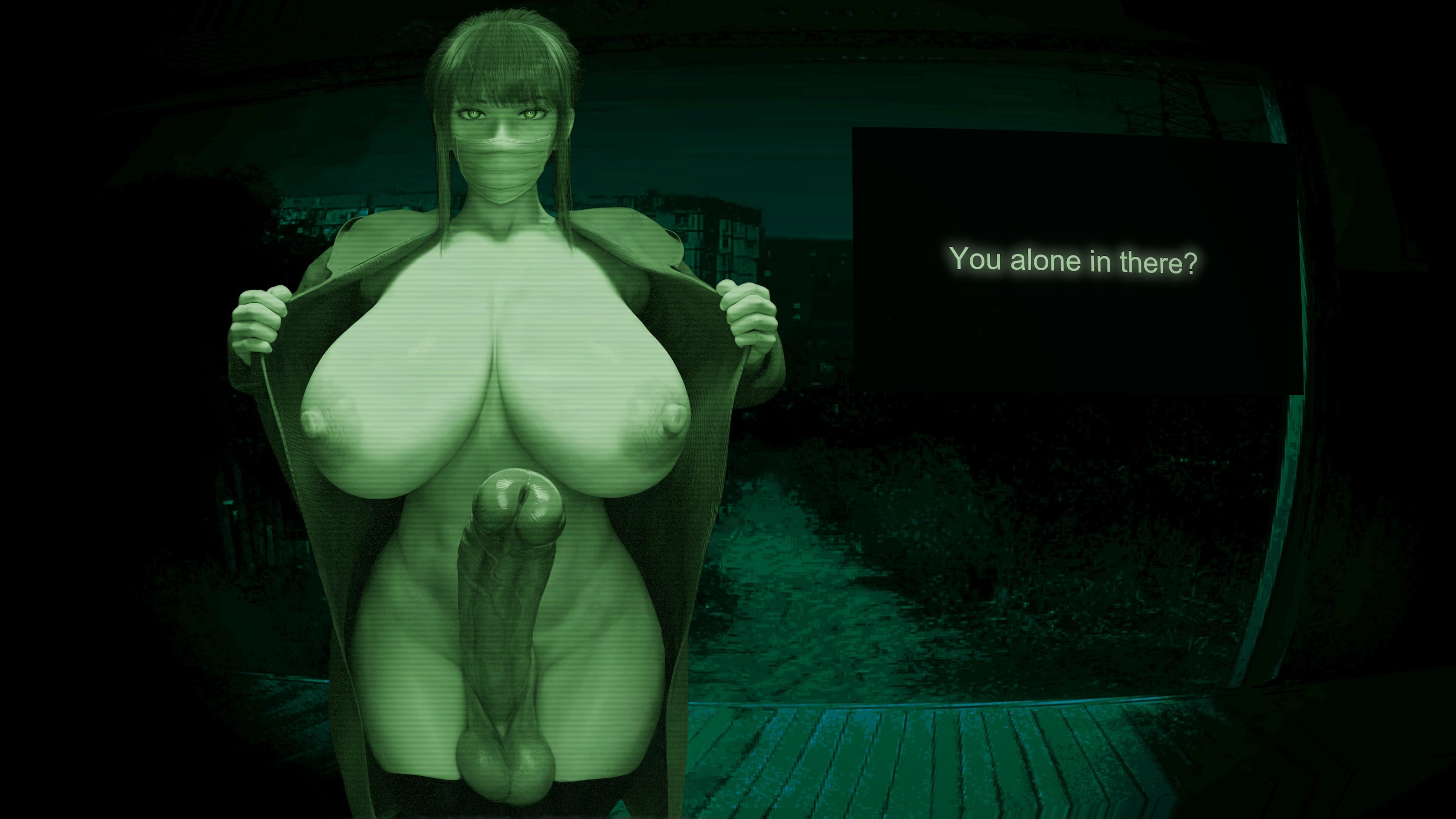 1futa, 2025, 3d, big breasts, big penis, breasts, chainsaw man, dialogue, english, english text, erection, futa only, futanari, half-erect, intersex, makima (chainsaw man), nipples, no, i'm not a human, no, i'm not a human (meme), pale skin, pale-skinned futa, penis, porch, tagme, zzzxxxccc