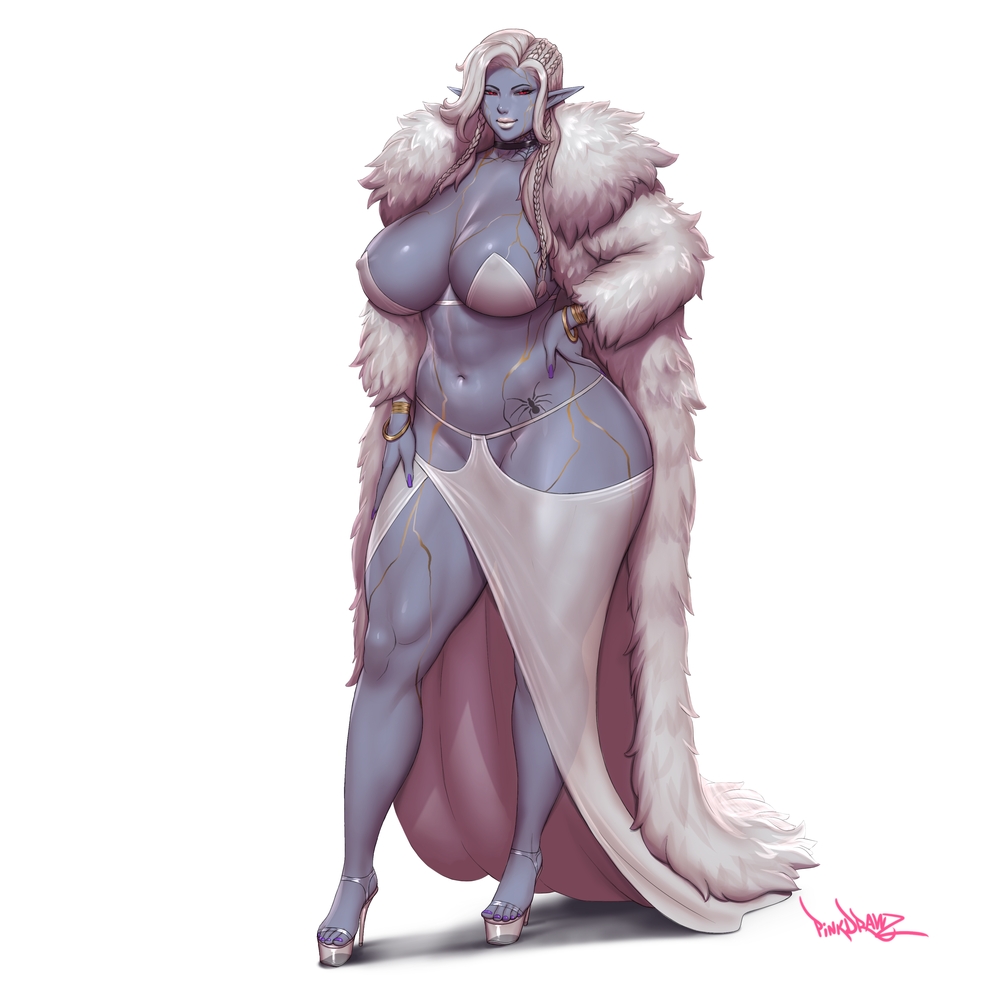 1girls, breasts, dark elf, drow, female, female only, fur coat, gigantic breasts, huge breasts, pinkdrawz, revealing clothes, solo, solo female, voluptuous