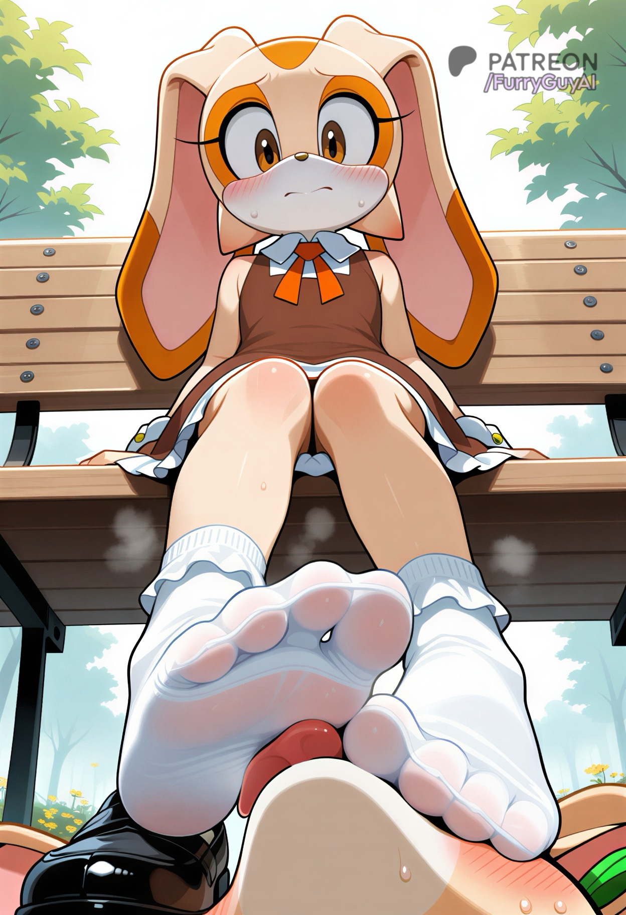 ai, ai art, ai assisted, ai generated, anthro, blush, cream the rabbit, cute, dress, foot fetish, foot focus, foot worship, frilly, furry, furry female, furryguyai, humanoid, innocent, licking, licking face, outdoors, outside, rabbit, rabbit ears, rabbit girl, rabbit humanoid, shy, socks, sonic (series), sonic the hedgehog (series), steam, sunlight, sweat, sweating