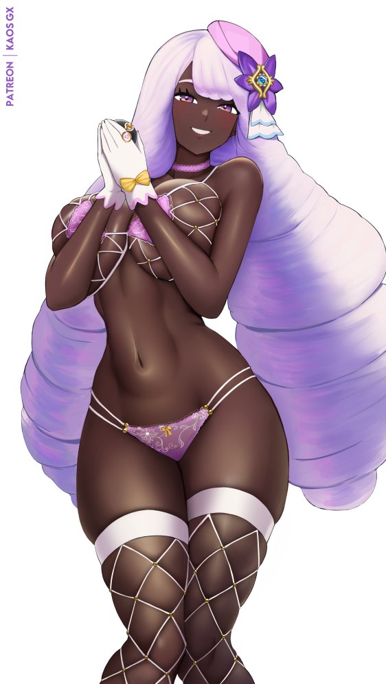 1girls, african female, black female, blush, breasts, dark-skinned female, female, fishnet legwear, fishnet topwear, fishnets, game freak, highres, hourglass figure, huge breasts, jacinthe (pokemon), kaos art, lingerie, looking at viewer, nintendo, perfect body, pokemon, pokemon legends: z-a, shiny skin, skimpy, smiling at viewer, solo, thick thighs, wide hips, yukari (pokemon)