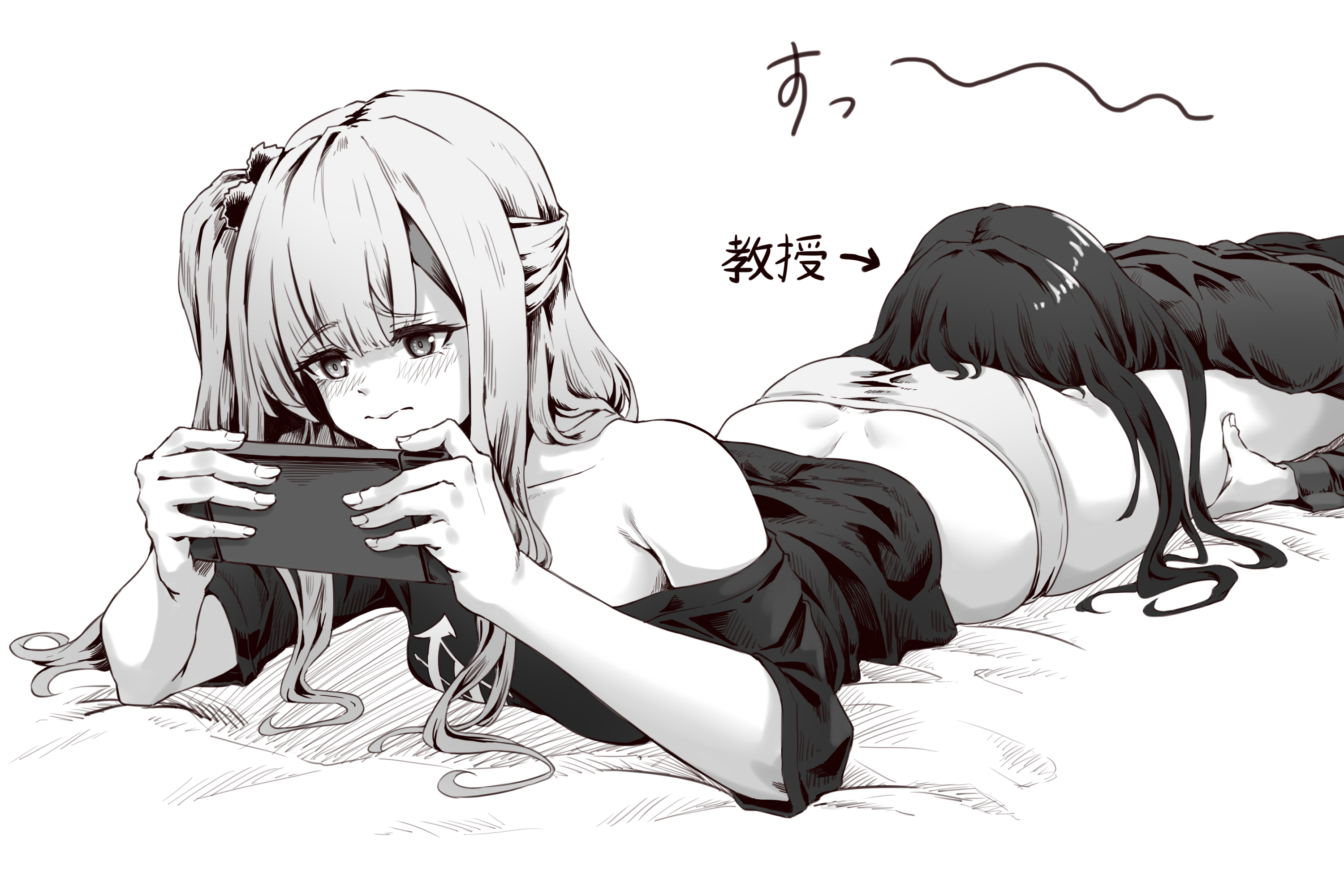 2girls, ass, bed, blush, closed mouth, clothing, dark hair, enin, face in ass, female, female only, female professor (neural cloud), girls' frontline, girls' frontline neural cloud, grey hair, greyscale, hair ornament, japanese text, kuro (neural cloud), laying down, laying on bed, laying on stomach, leg grab, lesbian sex, long hair, lying down, lying on bed, lying on stomach, mdr (girls' frontline), monochrome, multiple females, multiple girls, panties, playing videogame, professor (neural cloud), shirt, side ponytail, text, yuri