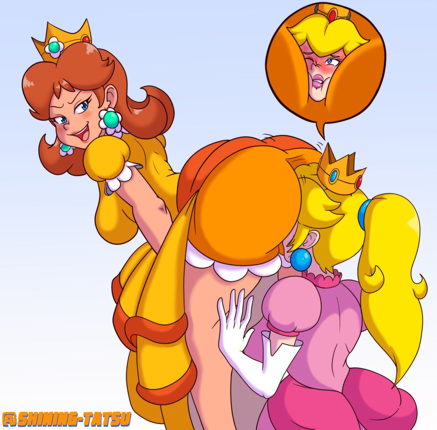 2girls, armwear, big ass, big breasts, blonde female, blonde hair, bloomers, blue eyes, breasts, brown hair, crown, dark hair, dress, earrings, face in ass, facesitting, female, firegon55, gloves, human, human only, kneeling, legs, light-skinned female, lips, lipstick, mario (series), orange clothing, pink clothing, pink dress, princess, princess daisy, princess peach, shiningtatsu, smug, sniffing ass, supergon55, tagme, tan body, yuri