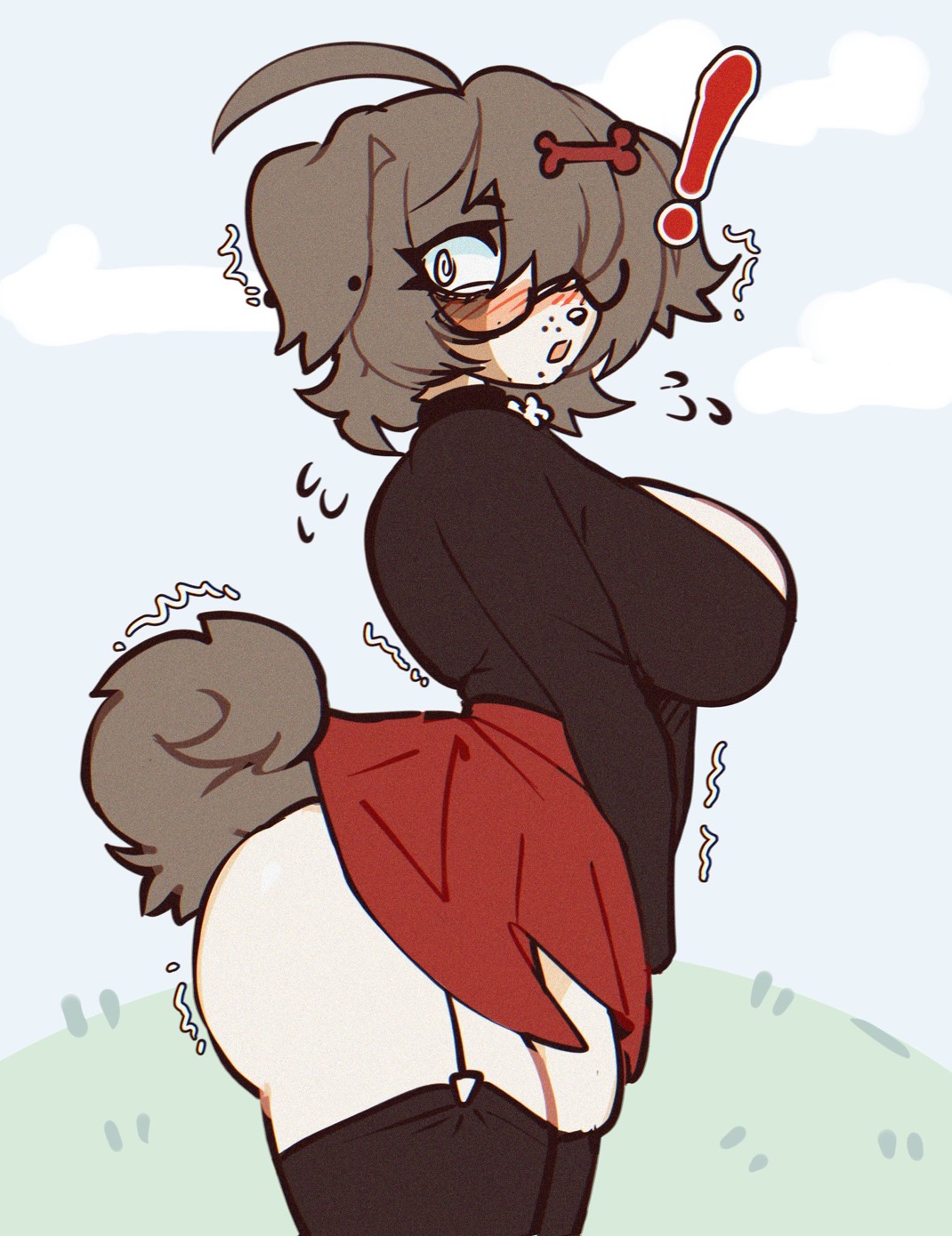 1girls, anthro, big butt, black shirt, blush, brown fur, canid, canine, canis, collar, curvy, dog girl, domestic dog, exclamation point, female, furry, furry female, glasses, mommypuppygf, red skirt, shaking, spiral eyes, surprised, tail, thick, thick thighs, thighhighs, white fur