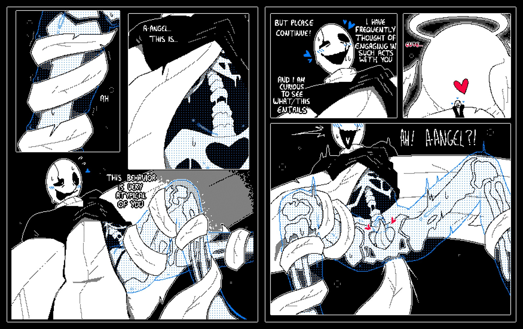 angel, deltarune, faceless character, fingering, gaster, gaster (undertale), heart, lifting clothing, lifting partner, male, male/male, multi wing, nervous smile, romantic, size difference, skeleton, soul (deltarune), spreading legs, strayknightmare, surprise fingering, surprised, sweaty, undertale, visible skeleton, w.d. gaster, wing fingers, wing hands, wings