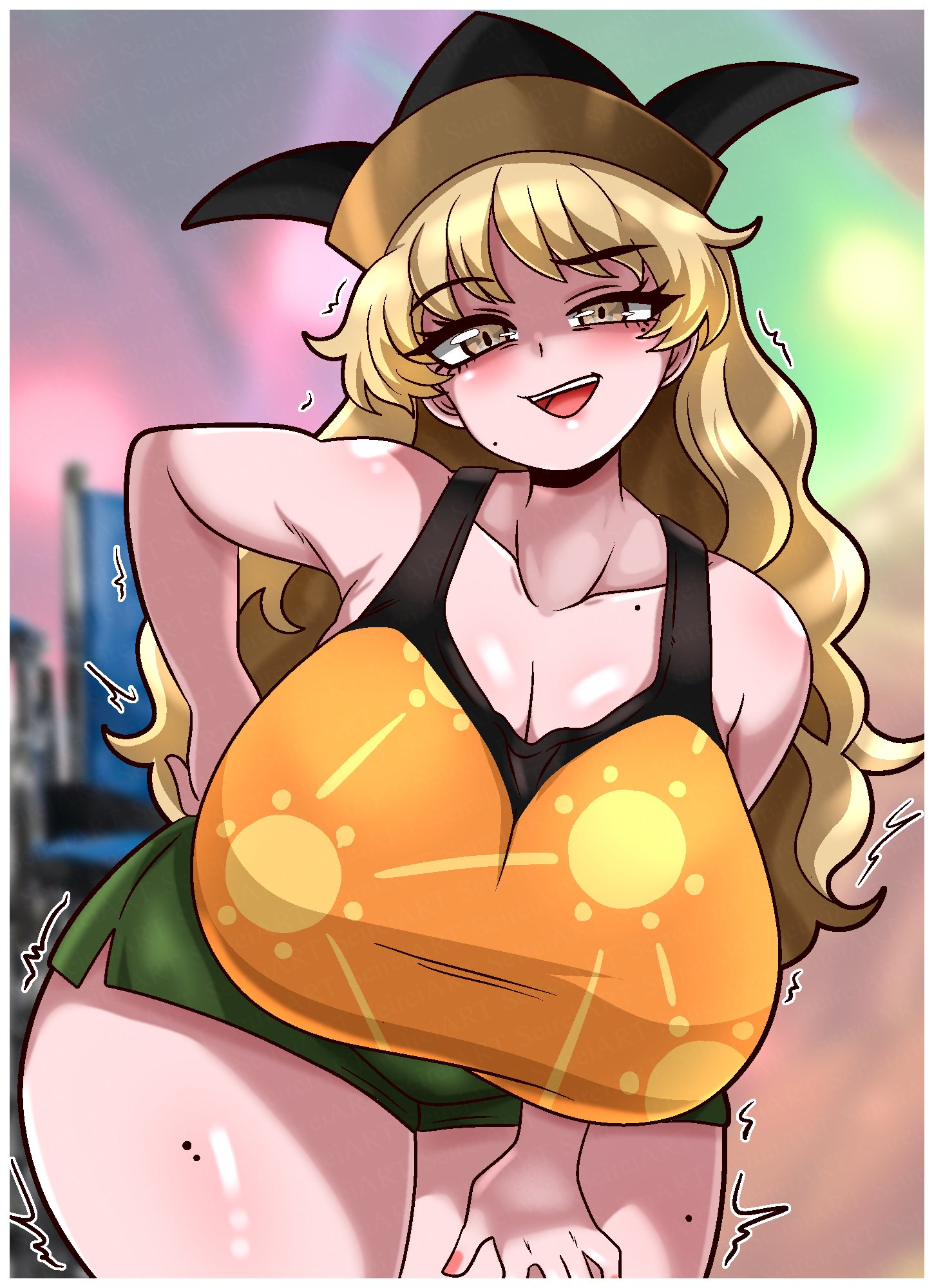 1girls, big breasts, blonde hair, breasts, cleavage, clothed female, female, goddess, hat, huge breasts, light-skinned female, long hair, mole, mole on thigh, okina matara, seireiart, shorts, solo, solo female, tank top, thick thighs, thighs, touhou, yellow eyes