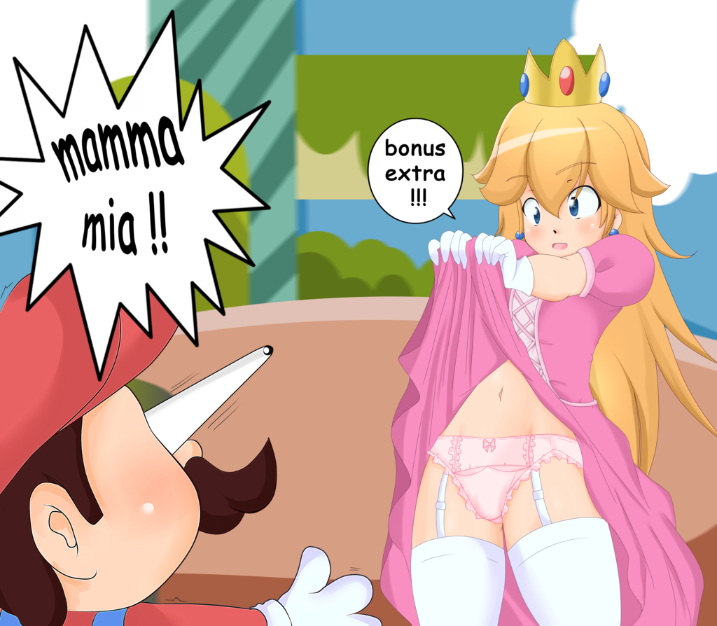 bow_panties bulging_eyes dress dress_lift flashing frilled_panties frills garter_belt lifted_by_self mario mario_(series) nintendo panties panty_flash pink_panties princess_peach skirt_lift sombra222 stockings super_mario_bros. underwear