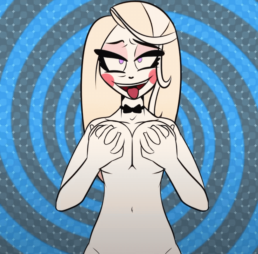 breasts, charlie morningstar (hazbin hotel), female, fondling breast, grabbing breasts, hazbin, hazbin hotel, hypnosis, large breasts, mind control, naked female, squeezing breast, tongue out